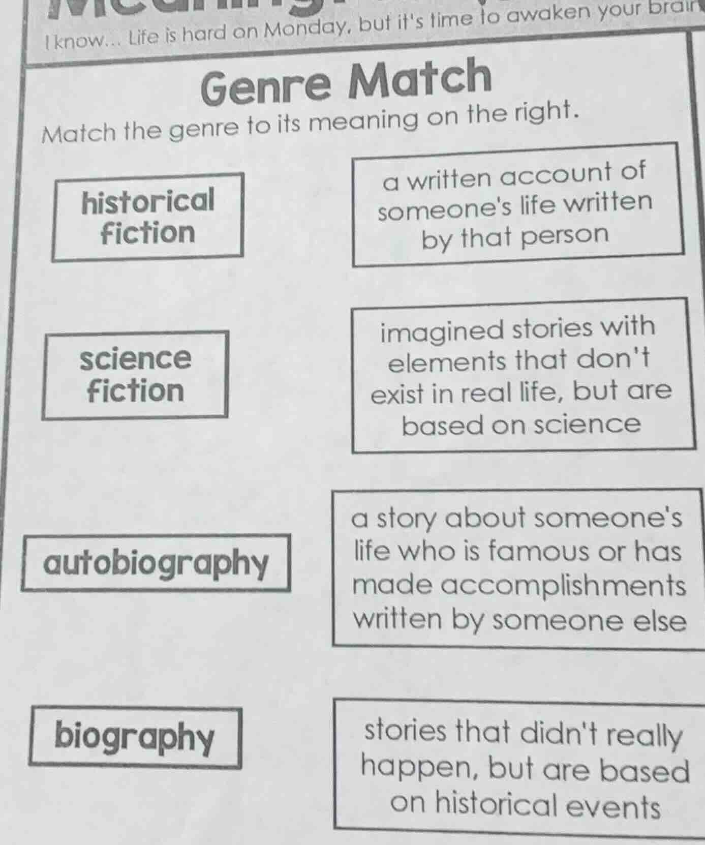 genre match match the genre to its meaning on the right. historical fic…