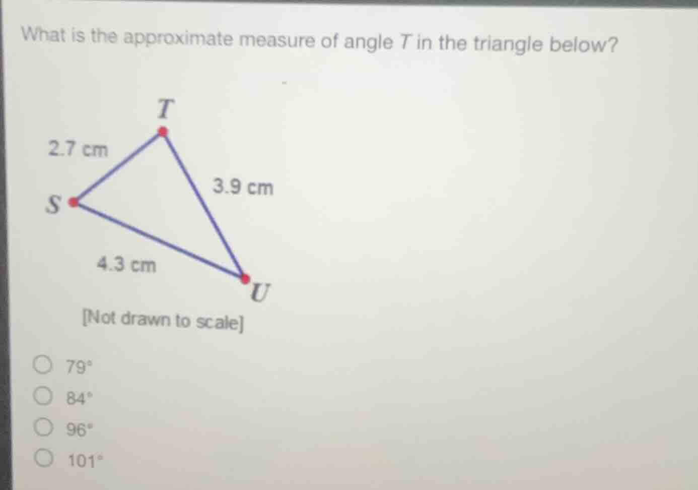 what is the approximate measure of angle t in the triangle below? t 2.7…
