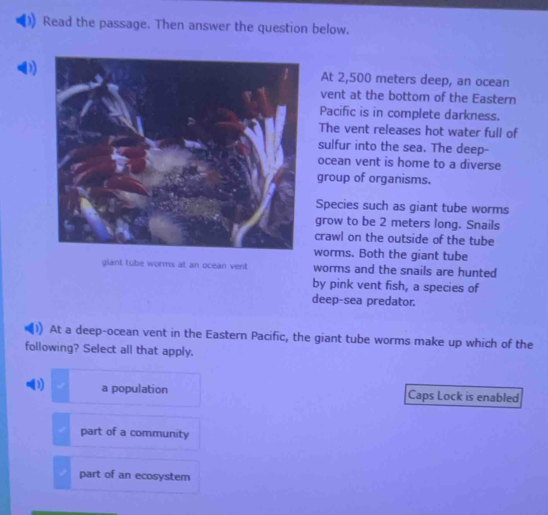 read the passage. then answer the question below. image: giant tube wor…