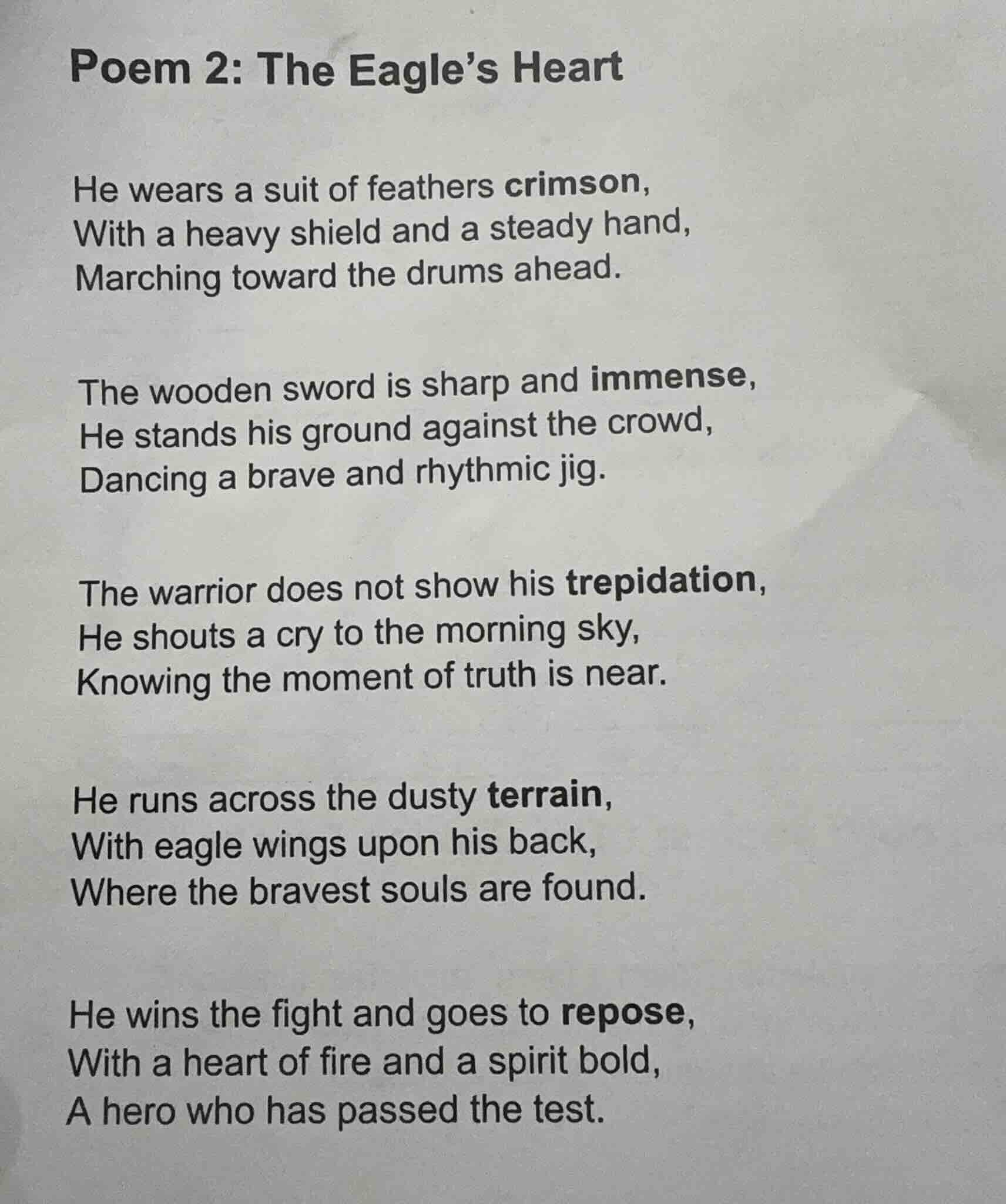poem 2: the eagle’s heart he wears a suit of feathers crimson, with a h…