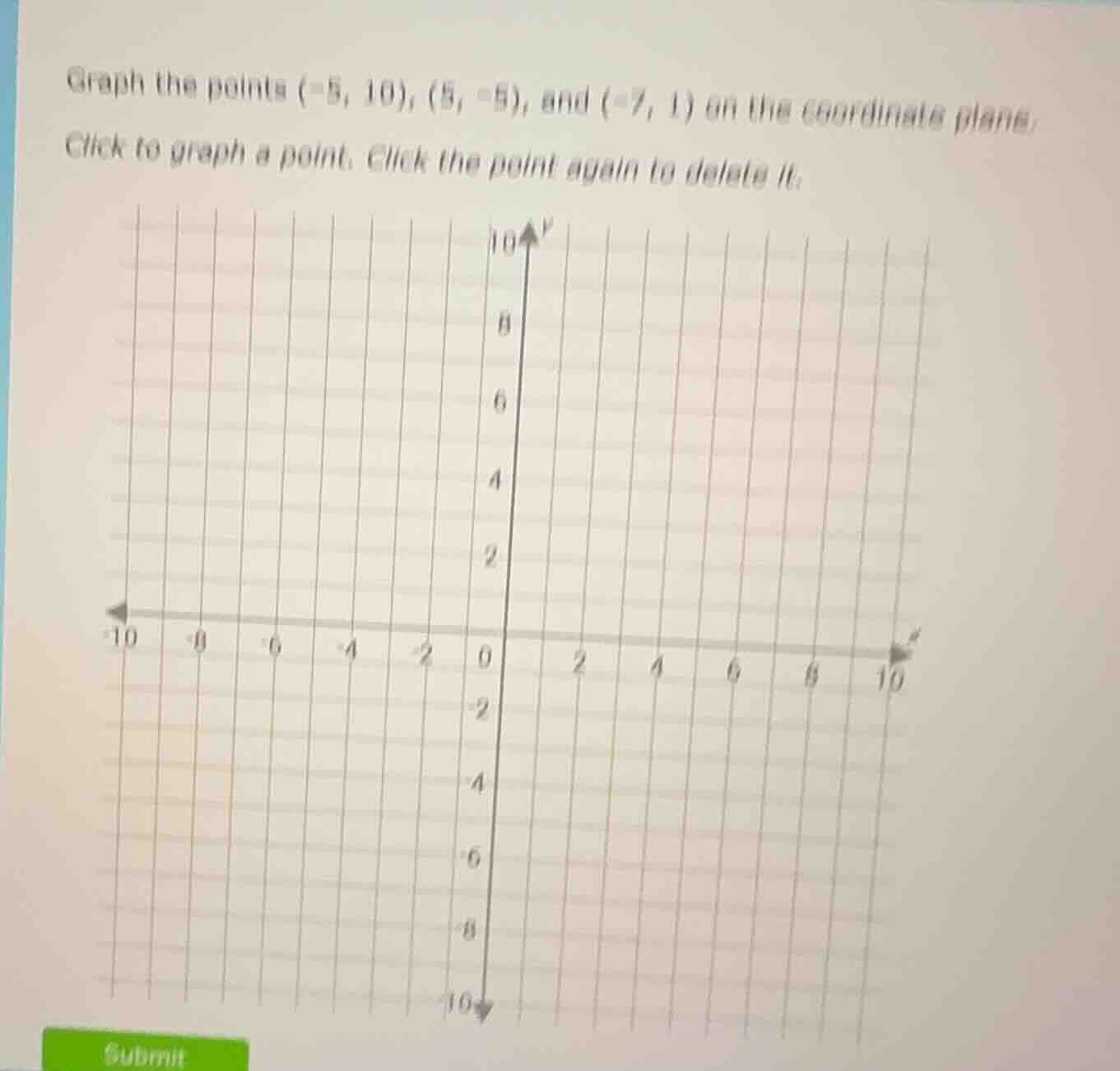graph the points (-5, 10), (5, -5), and (-7, 1) on the coordinate plane…