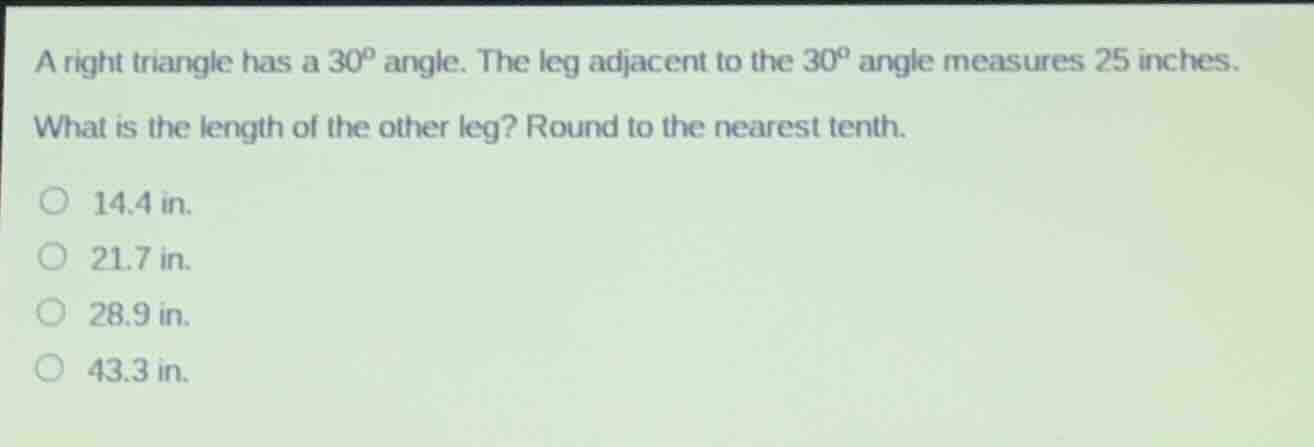 a right triangle has a $30^\\circ$ angle. the leg adjacent to the $30^\…