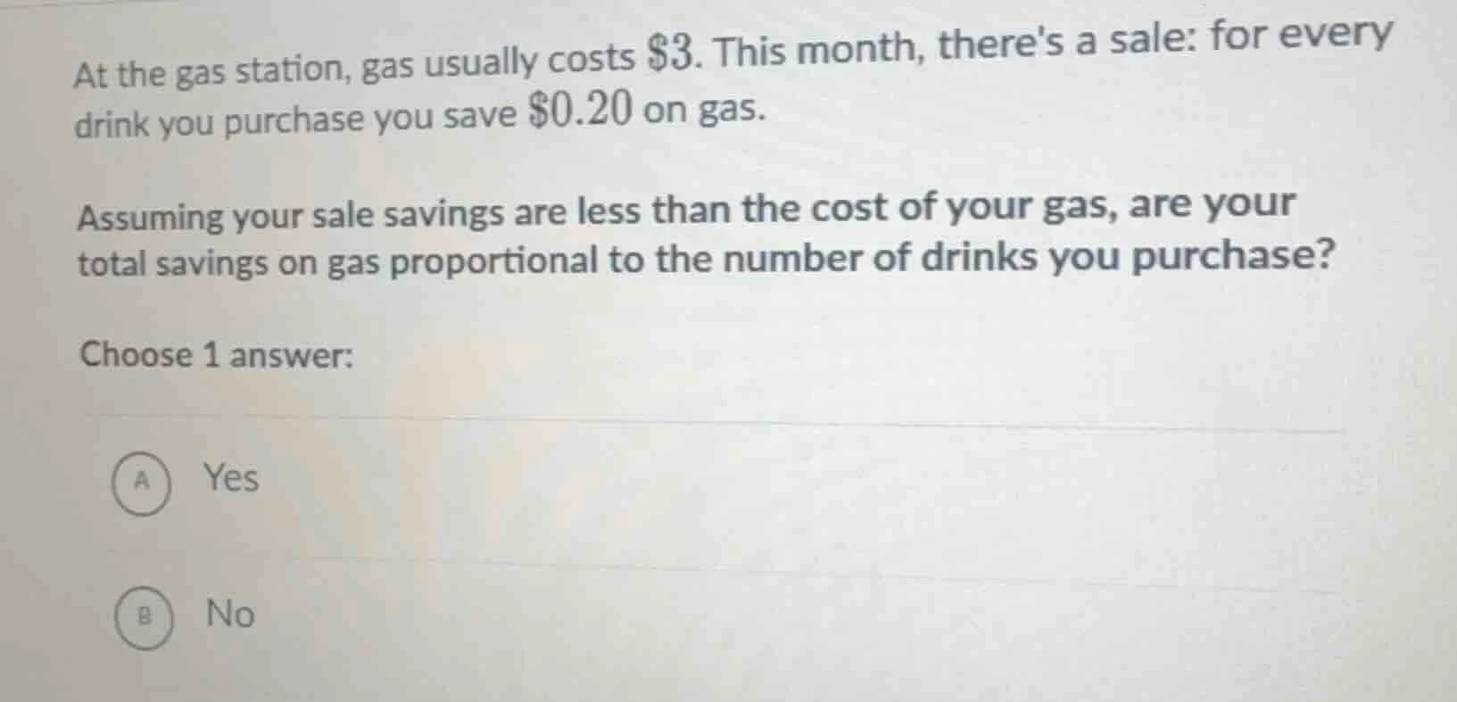 at the gas station, gas usually costs $3. this month, theres a sale: fo…