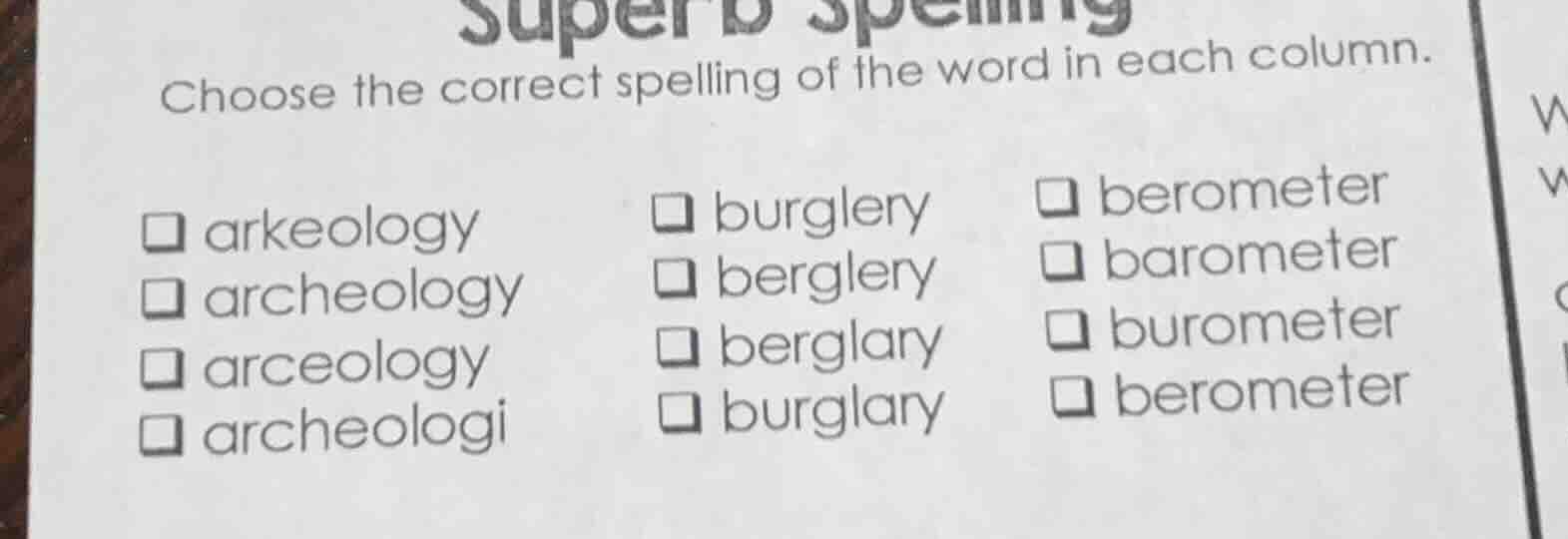 superb spelling choose the correct spelling of the word in each column.…