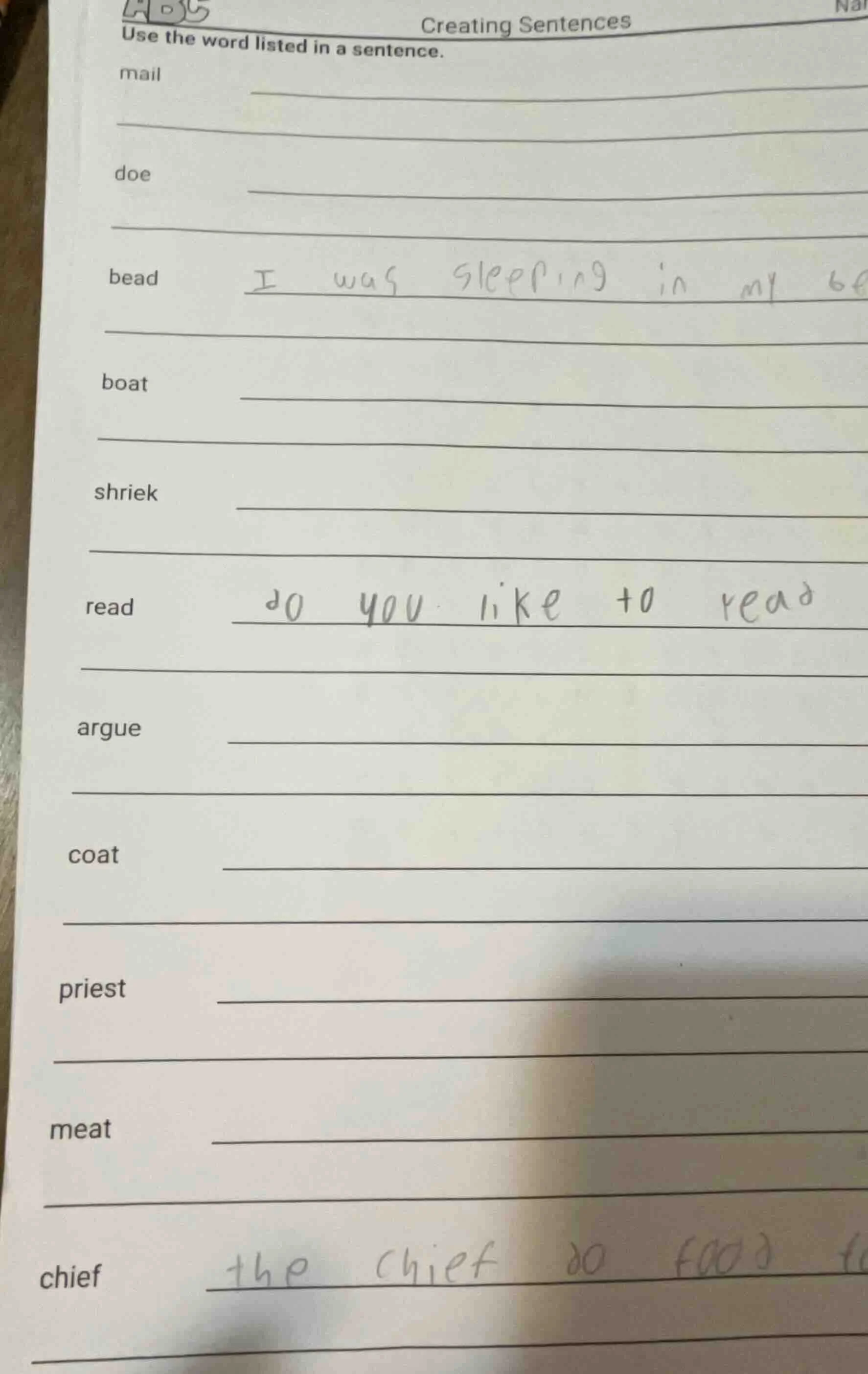 creating sentences use the word listed in a sentence. mail doe bead i w…