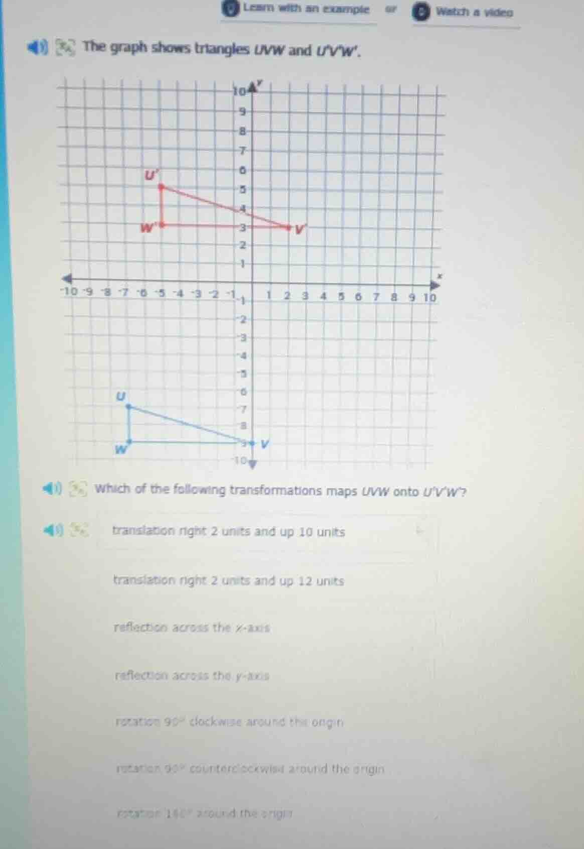 the graph shows triangles uvw and uvw. which of the following transform…