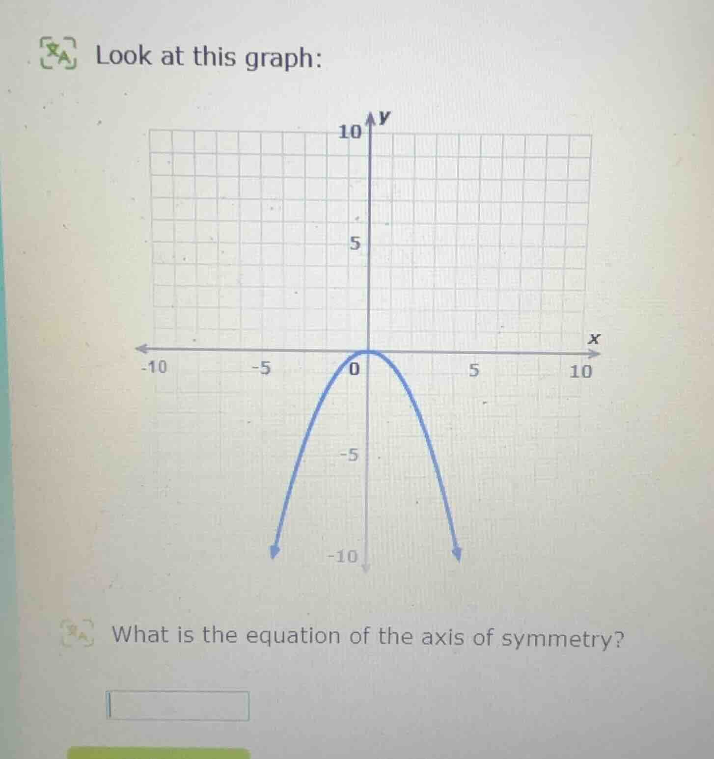 look at this graph: graph of a parabola opening downward with vertex at…