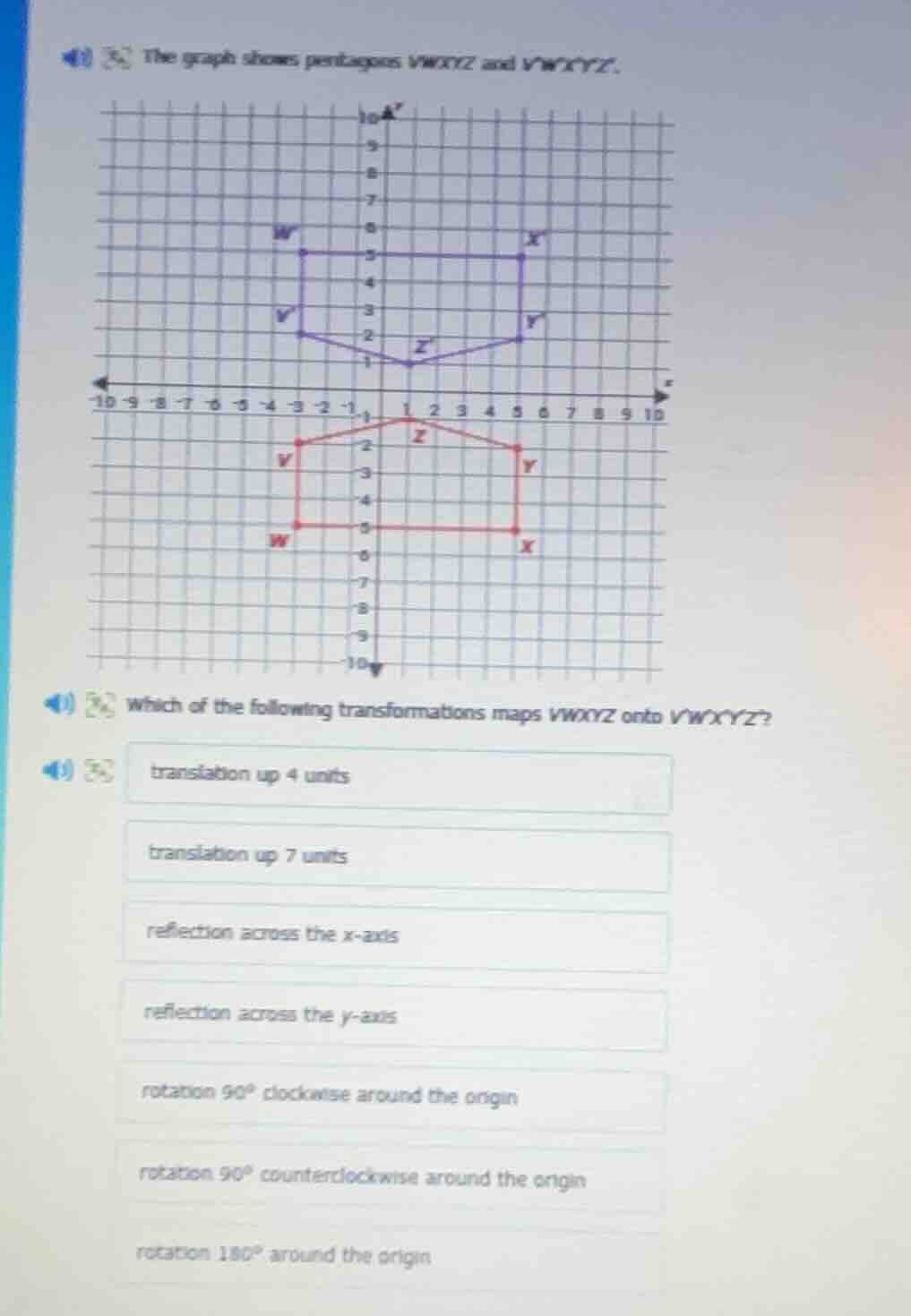 the graph shows pentagons vwxyz and vwxyz. which of the following trans…