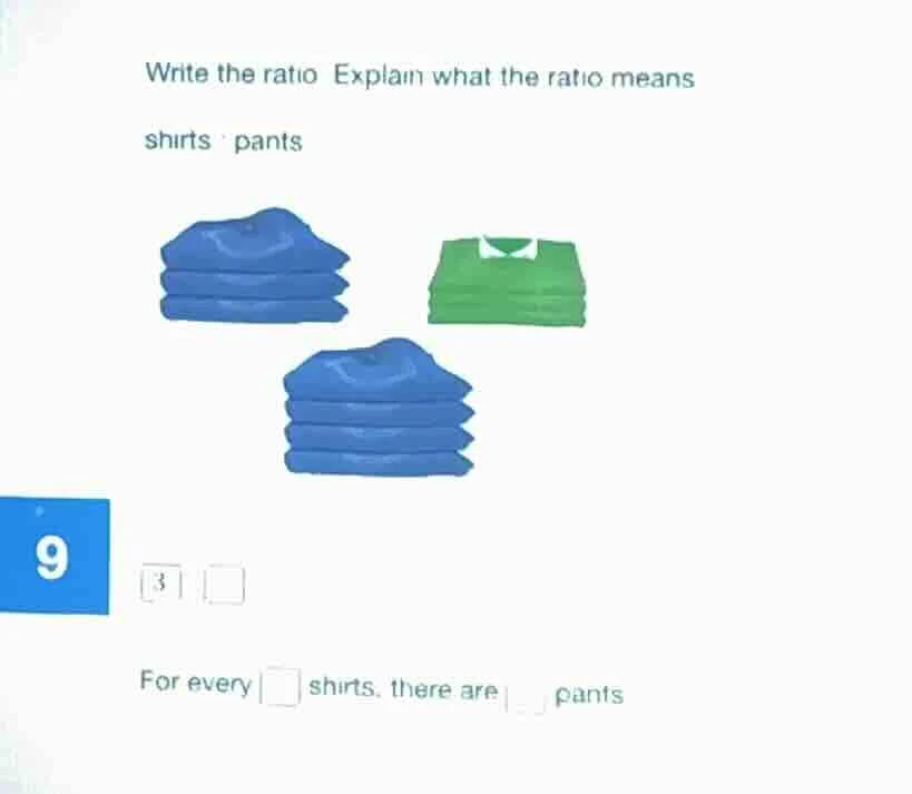 write the ratio explain what the ratio means shirts : pants 9 3 for eve…