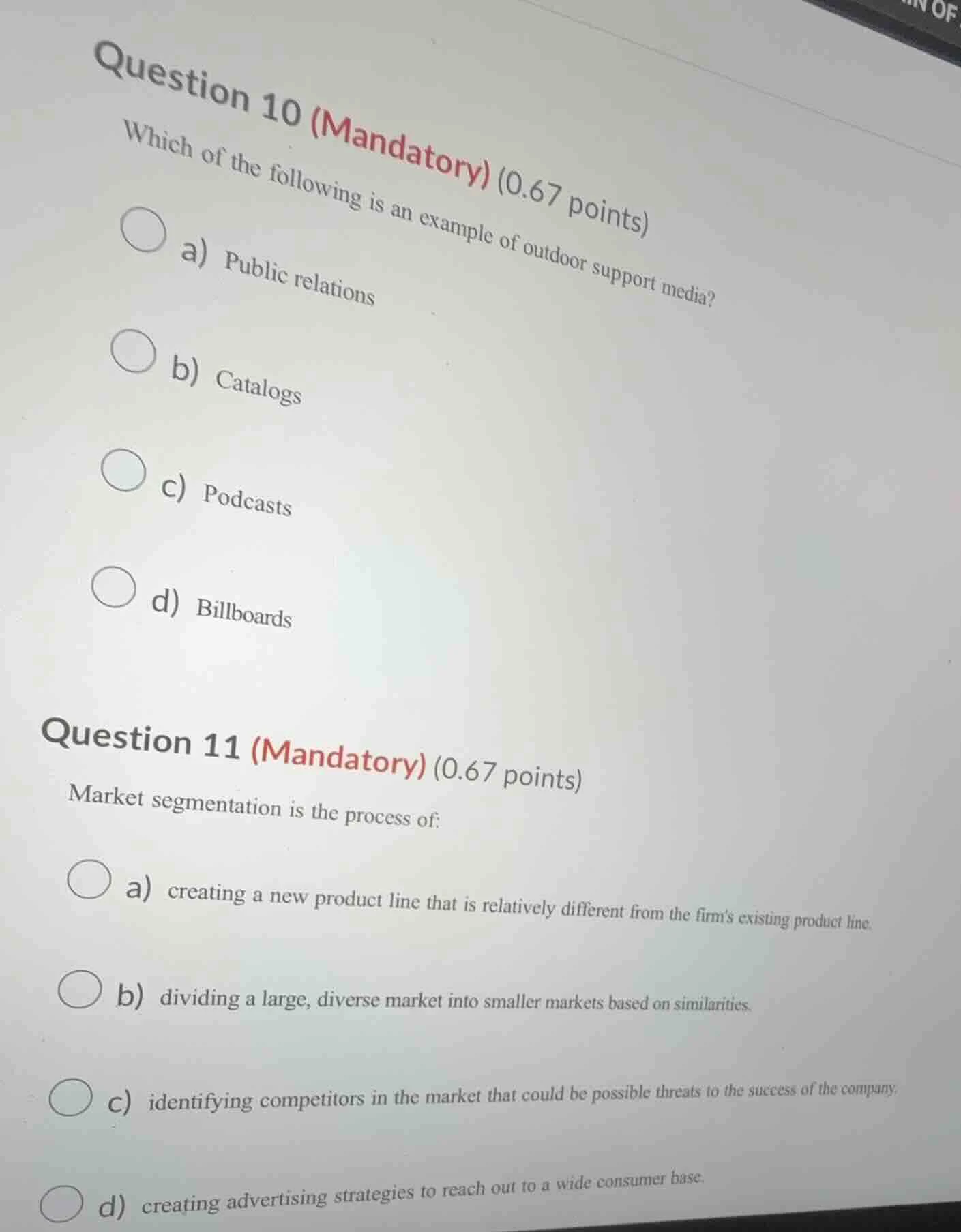 question 10 (mandatory) (0.67 points) which of the following is an exam…