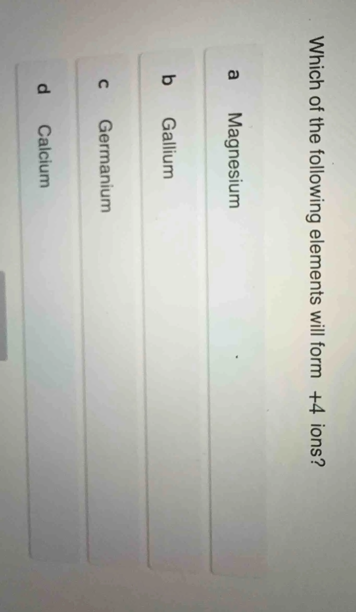 which of the following elements will form +4 ions? a magnesium b galliu…