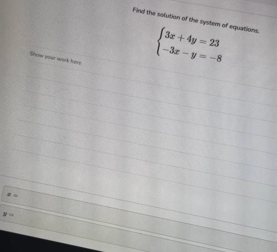 find the solution of the system of equations. \\begin{cases} 3x + 4y = …