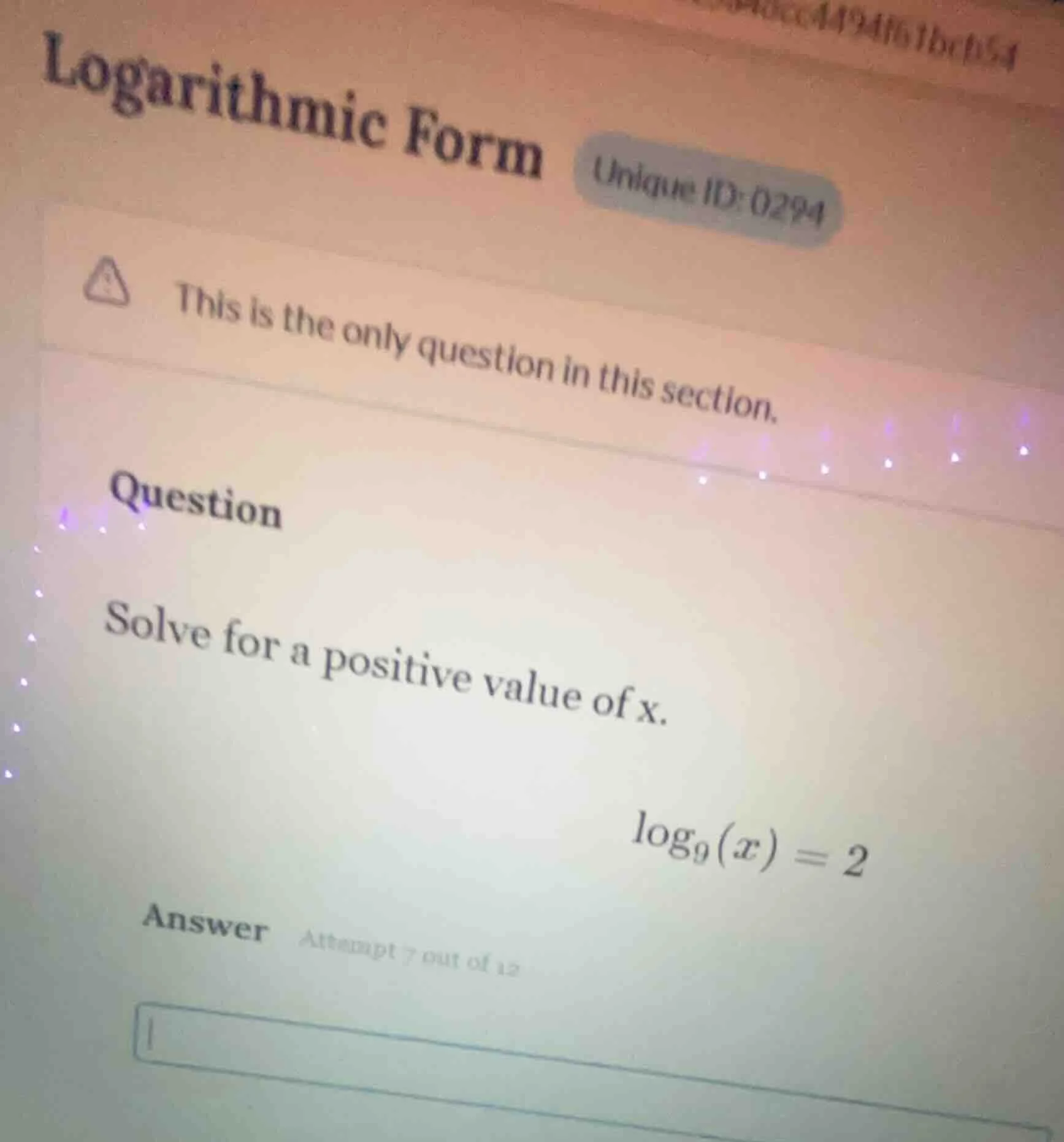 logarithmic form (unique id: 0294) this is the only question in this se…