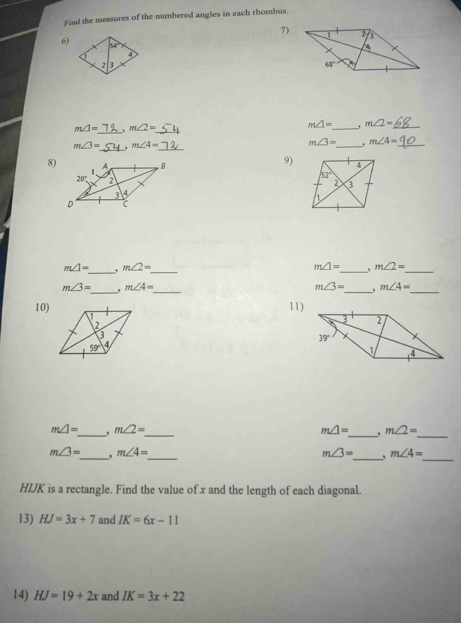 find the measures of the numbered angles in each rhombus. 6) m∠1= , m∠2…