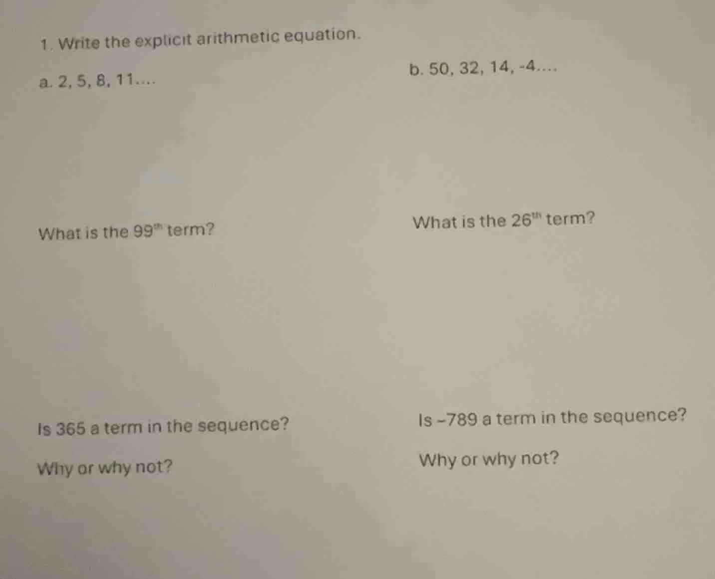 1. write the explicit arithmetic equation. a. 2, 5, 8, 11.... what is t…