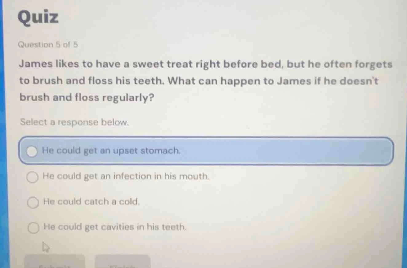 quiz question 5 of 5 james likes to have a sweet treat right before bed…