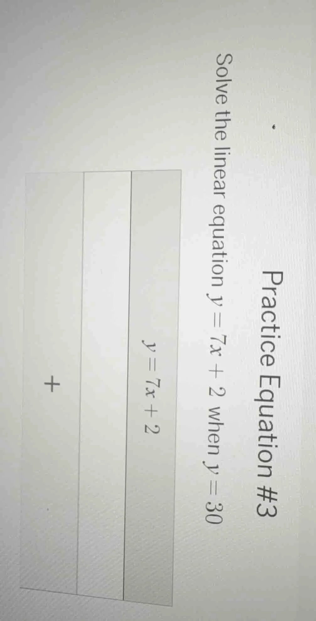 practice equation #3 solve the linear equation $y = 7x + 2$ when $y = 3…