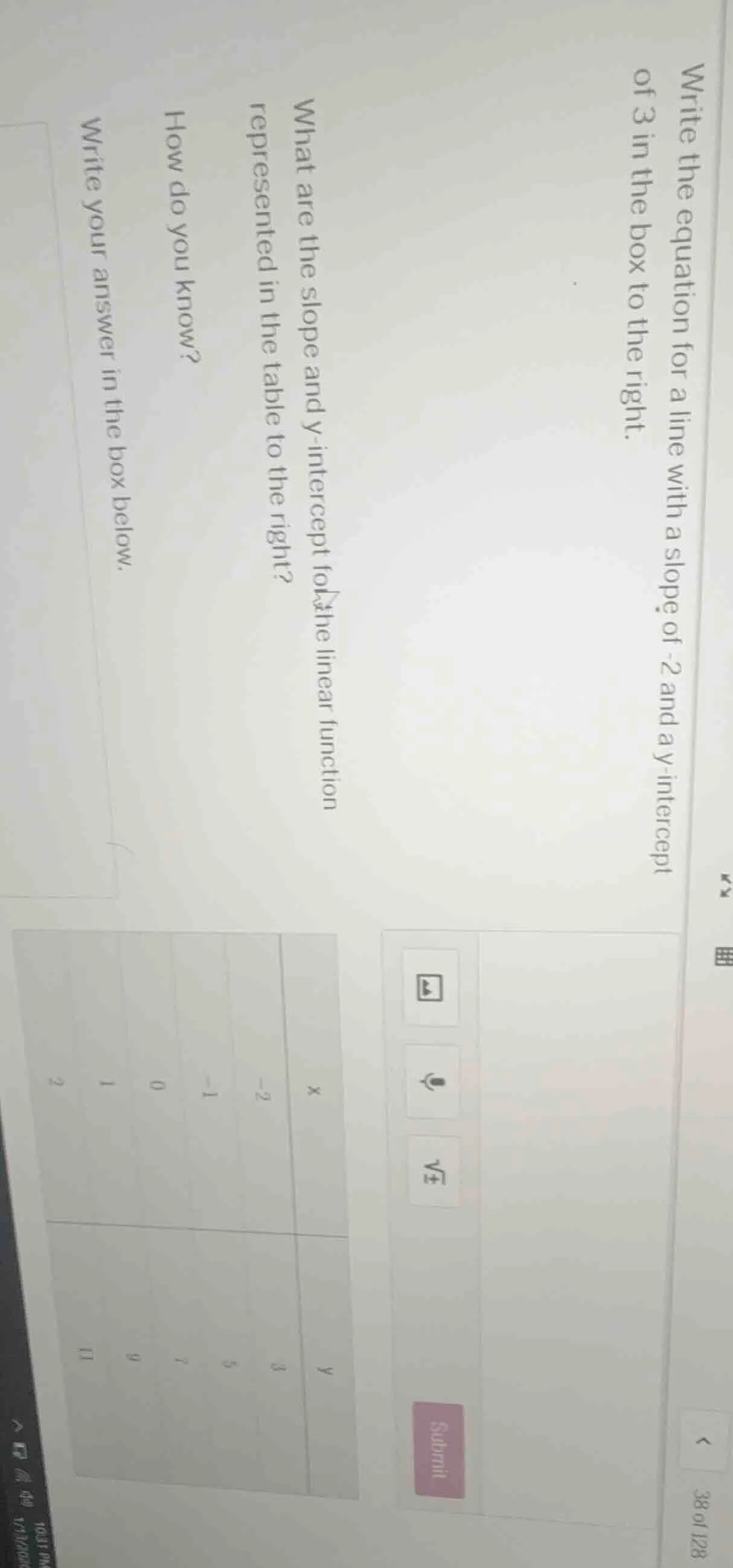 write the equation for a line with a slope of -2 and a y - intercept of…