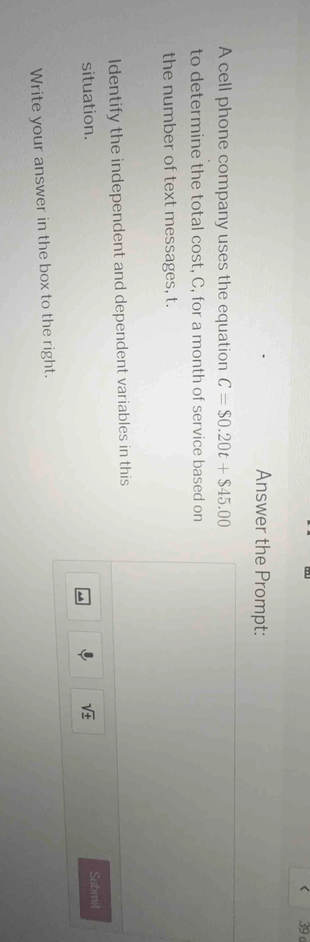 answer the prompt: a cell phone company uses the equation $c = $0.20t +…
