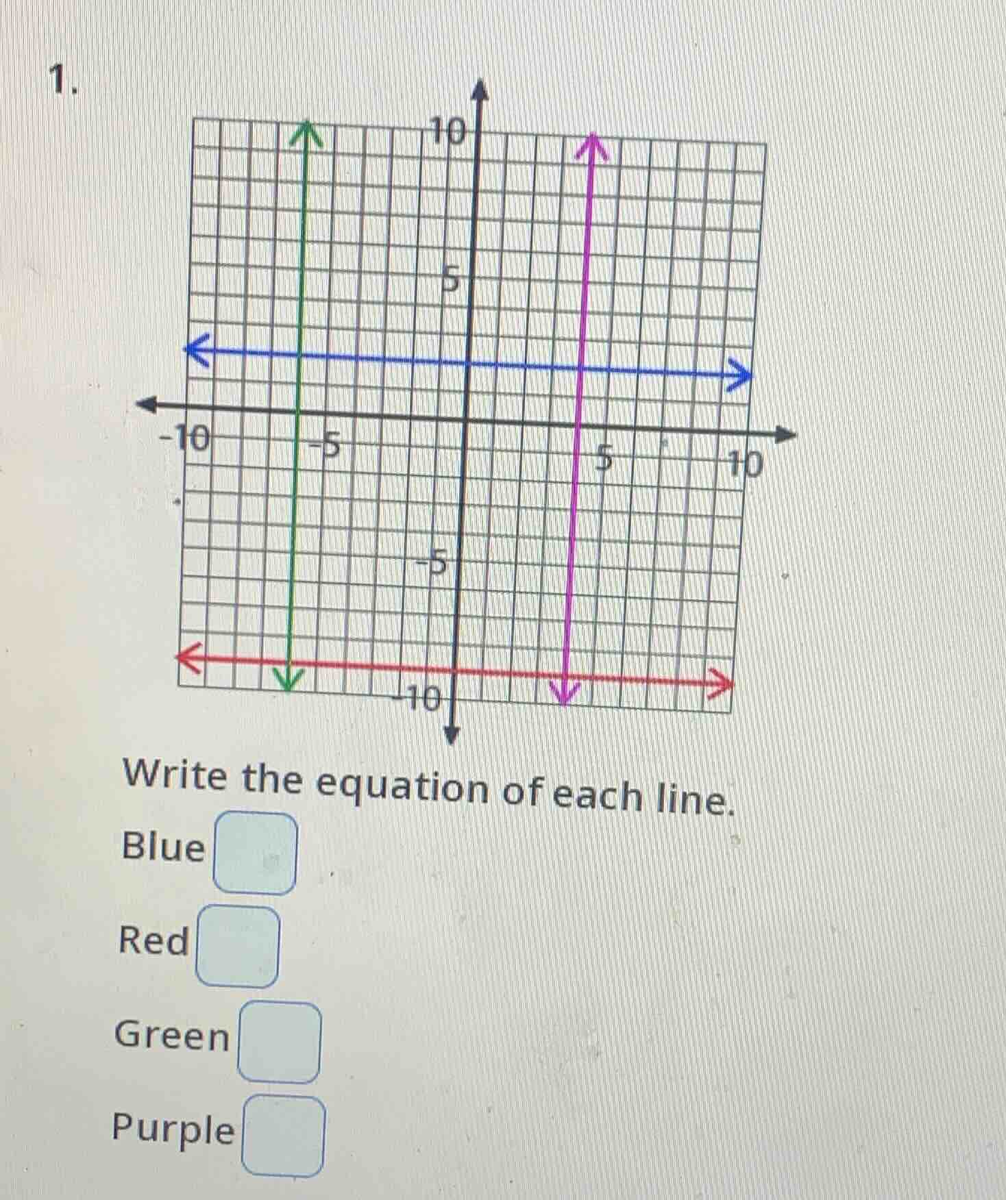 1. write the equation of each line. blue red green purple