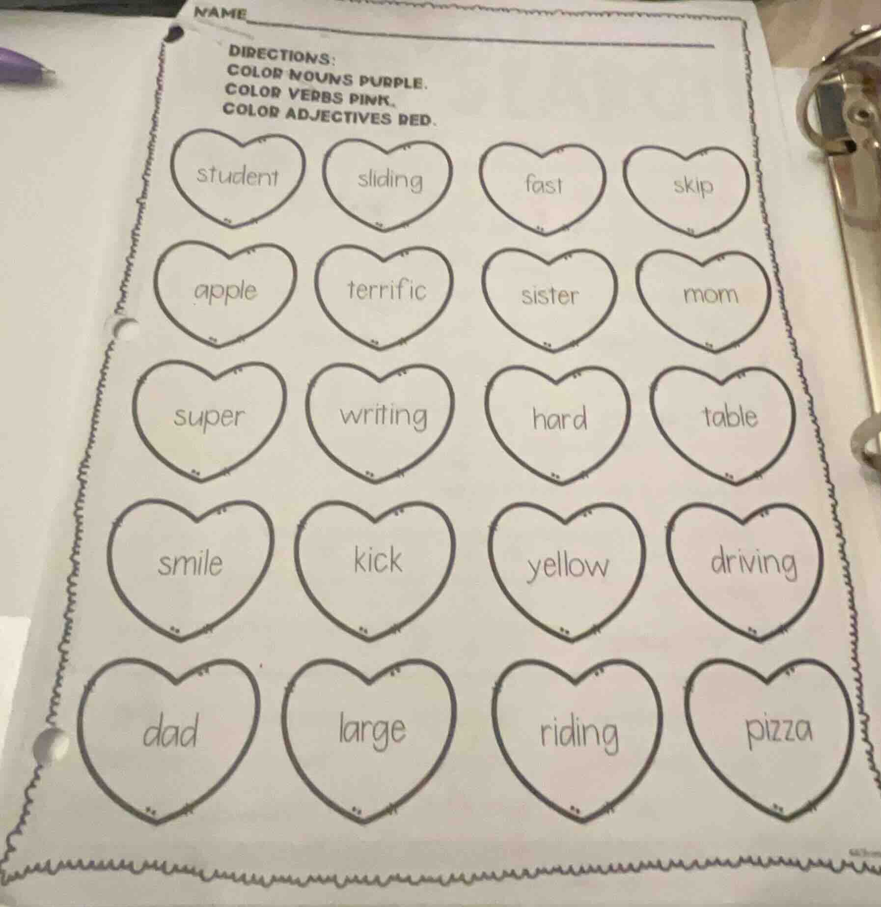 name directions: color nouns purple. color verbs pink. color adjectives…