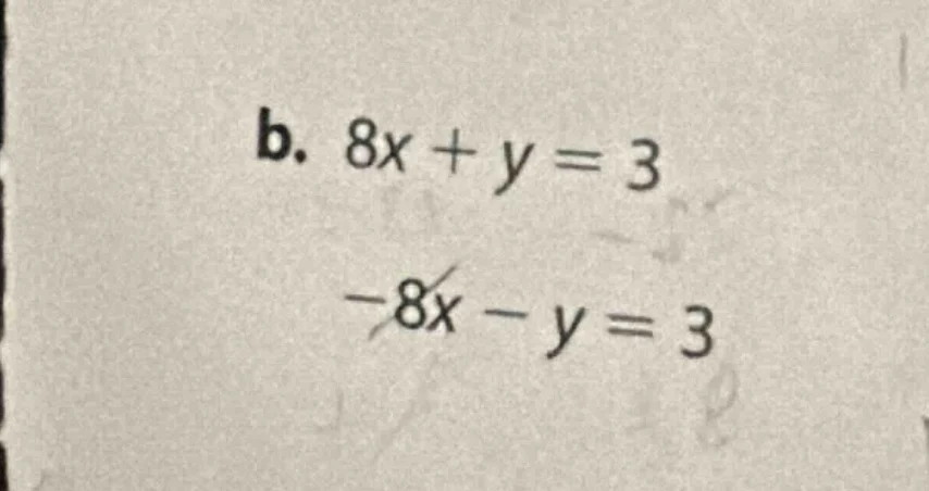 b. $8x + y = 3$ $-8x - y = 3$