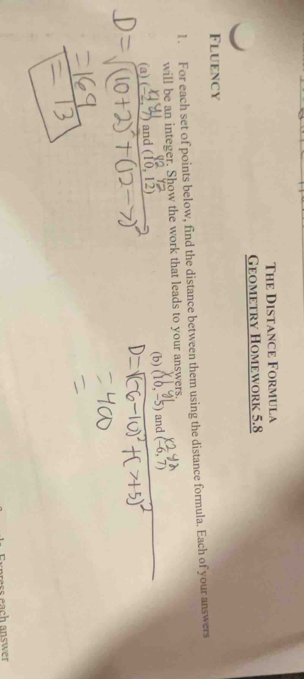 fluency the distance formula geometry homework 5.8 1. for each set of p…