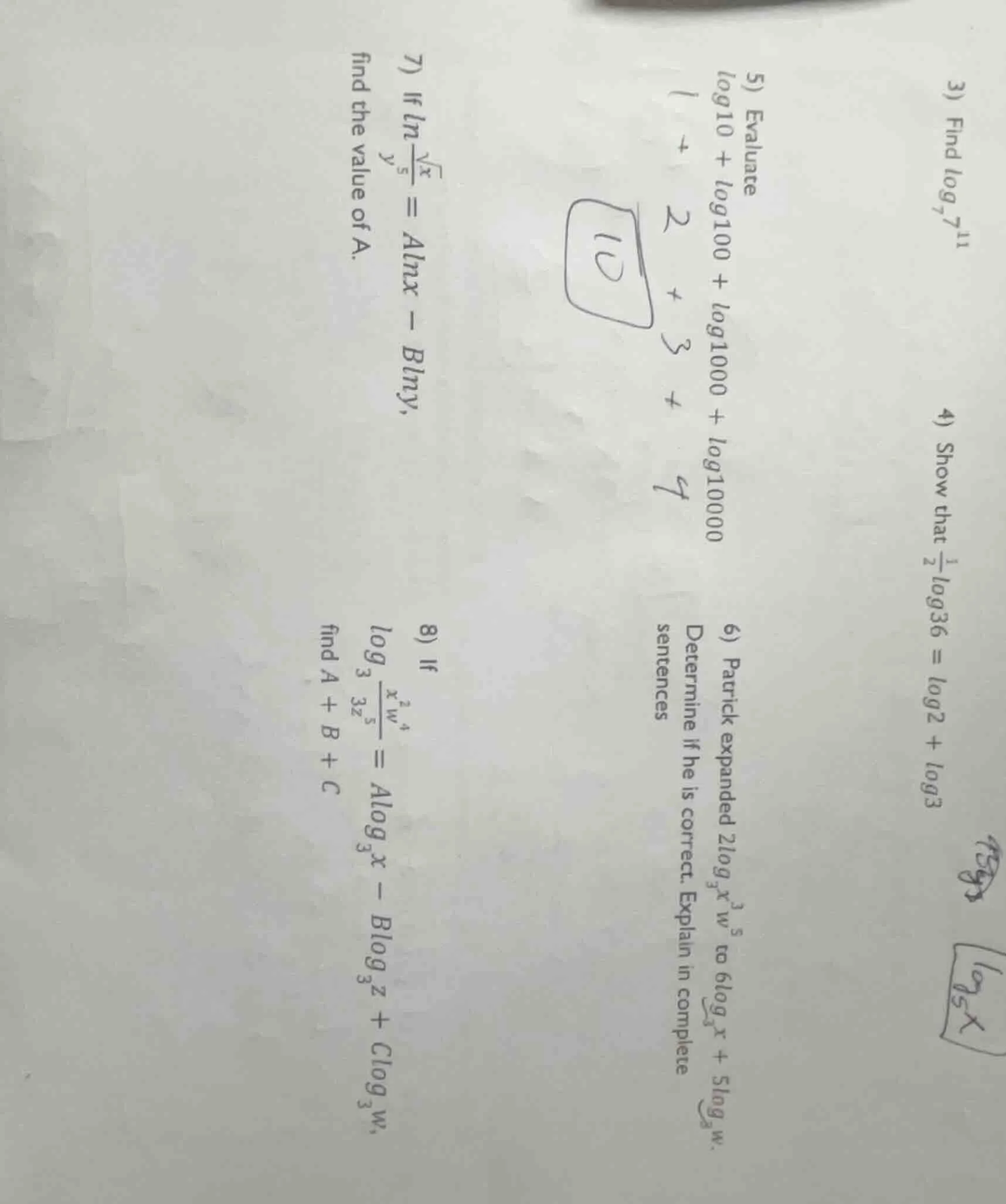 3) find \\( \\log_{7} 7^{11} \\)\ 4) show that \\( \\frac{1}{2} \\log_{…