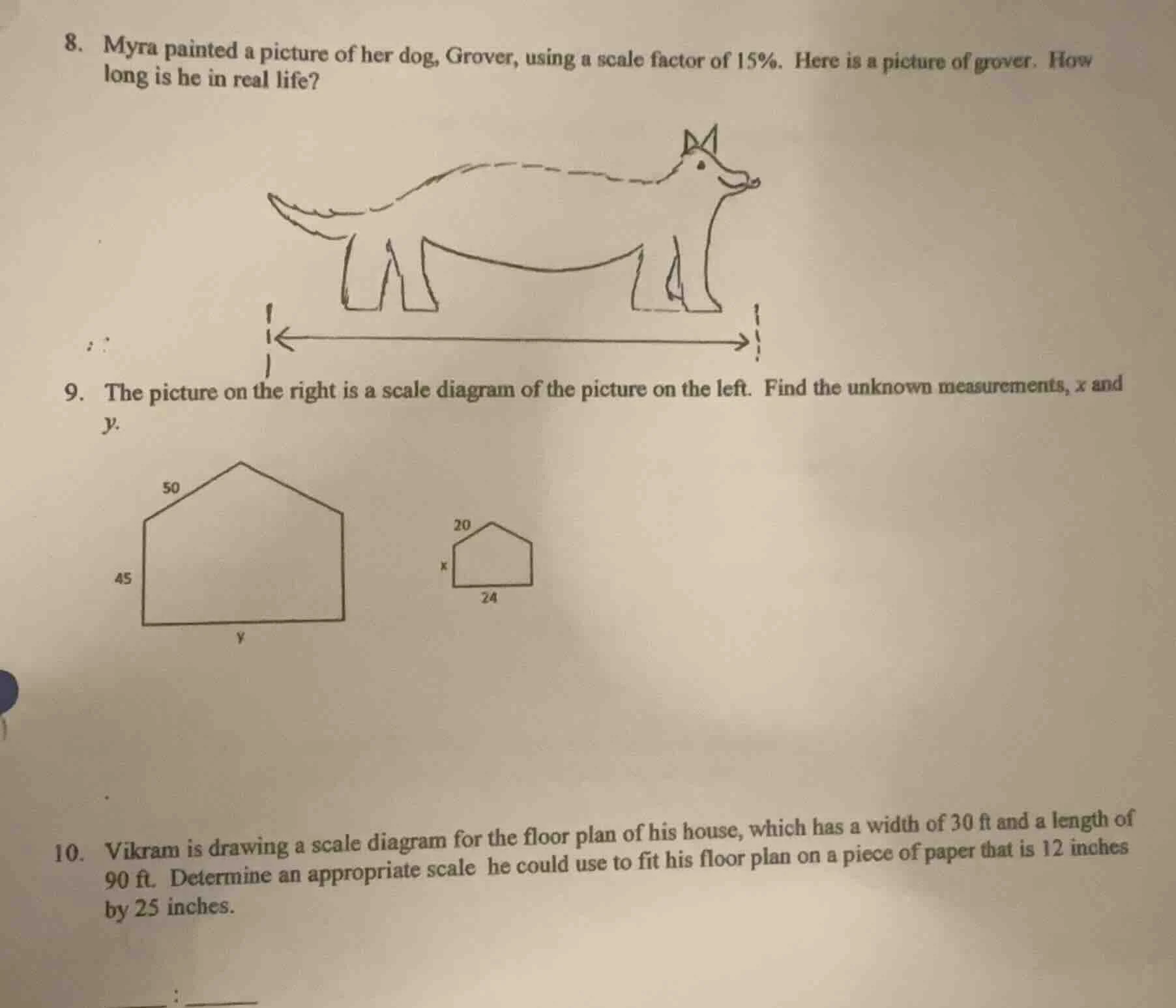 8. myra painted a picture of her dog, grover, using a scale factor of 1…
