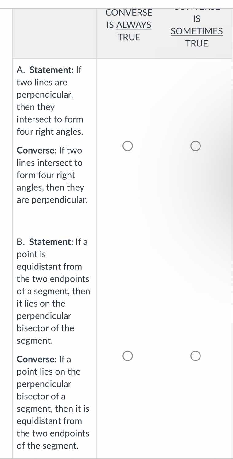 converse is always true converse is sometimes true a. statement: if two…