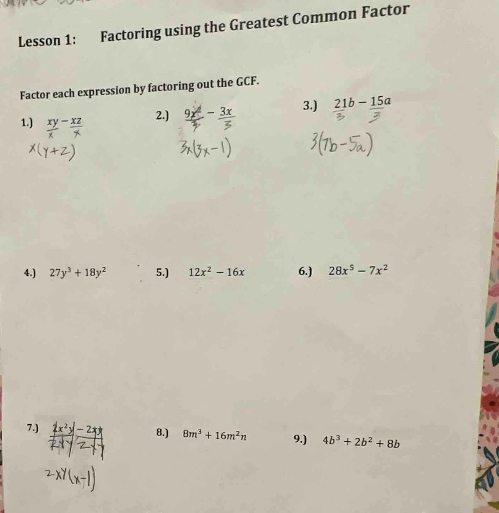 lesson 1: factoring using the greatest common factor factor each expres…