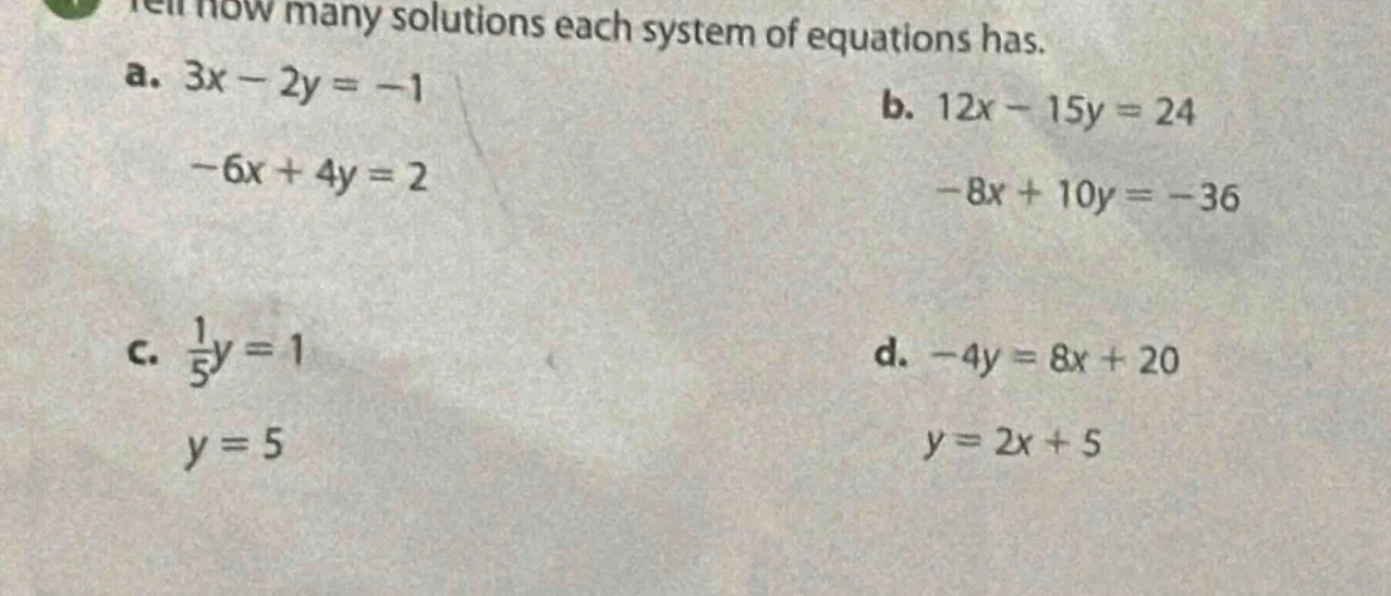 tell how many solutions each system of equations has. a. $3x - 2y = -1$…