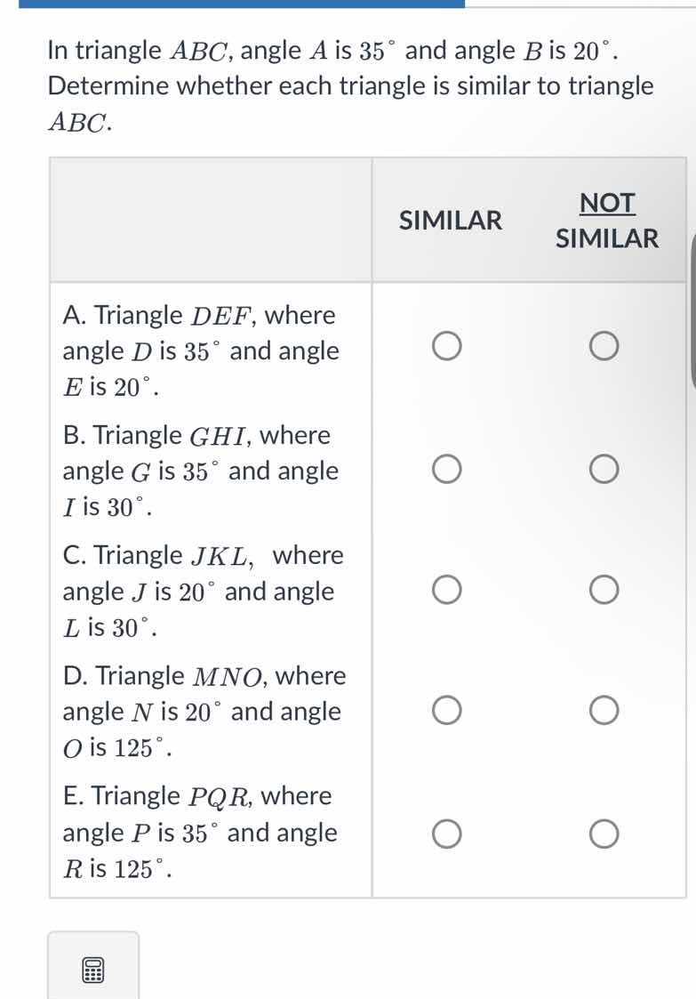 in triangle abc, angle a is 35° and angle b is 20°. determine whether e…