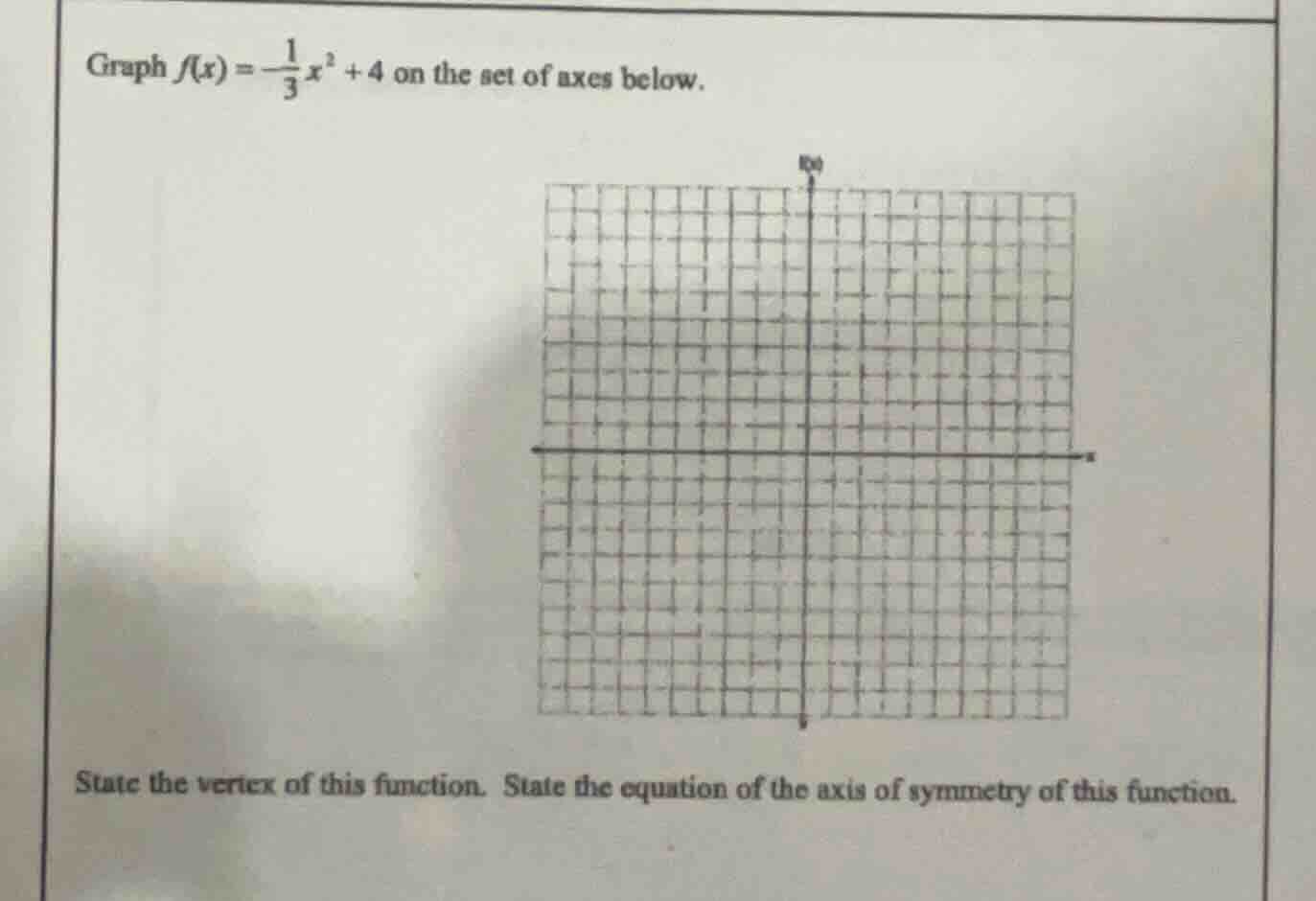 graph $f(x) = -\frac{1}{3}x^2 + 4$ on the set of axes below. graph grid…