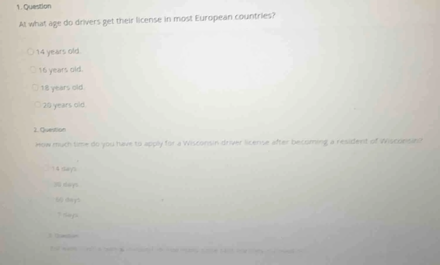 1. question at what age do drivers get their license in most european c…