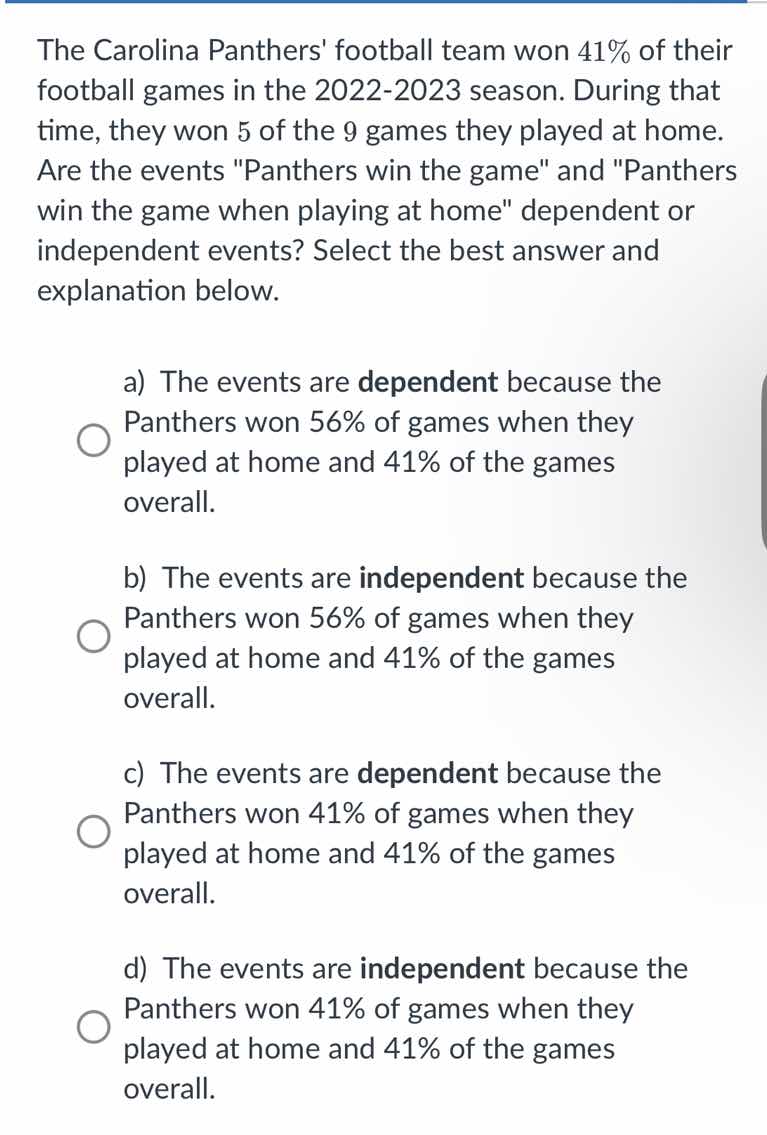 the carolina panthers football team won 41% of their football games in …