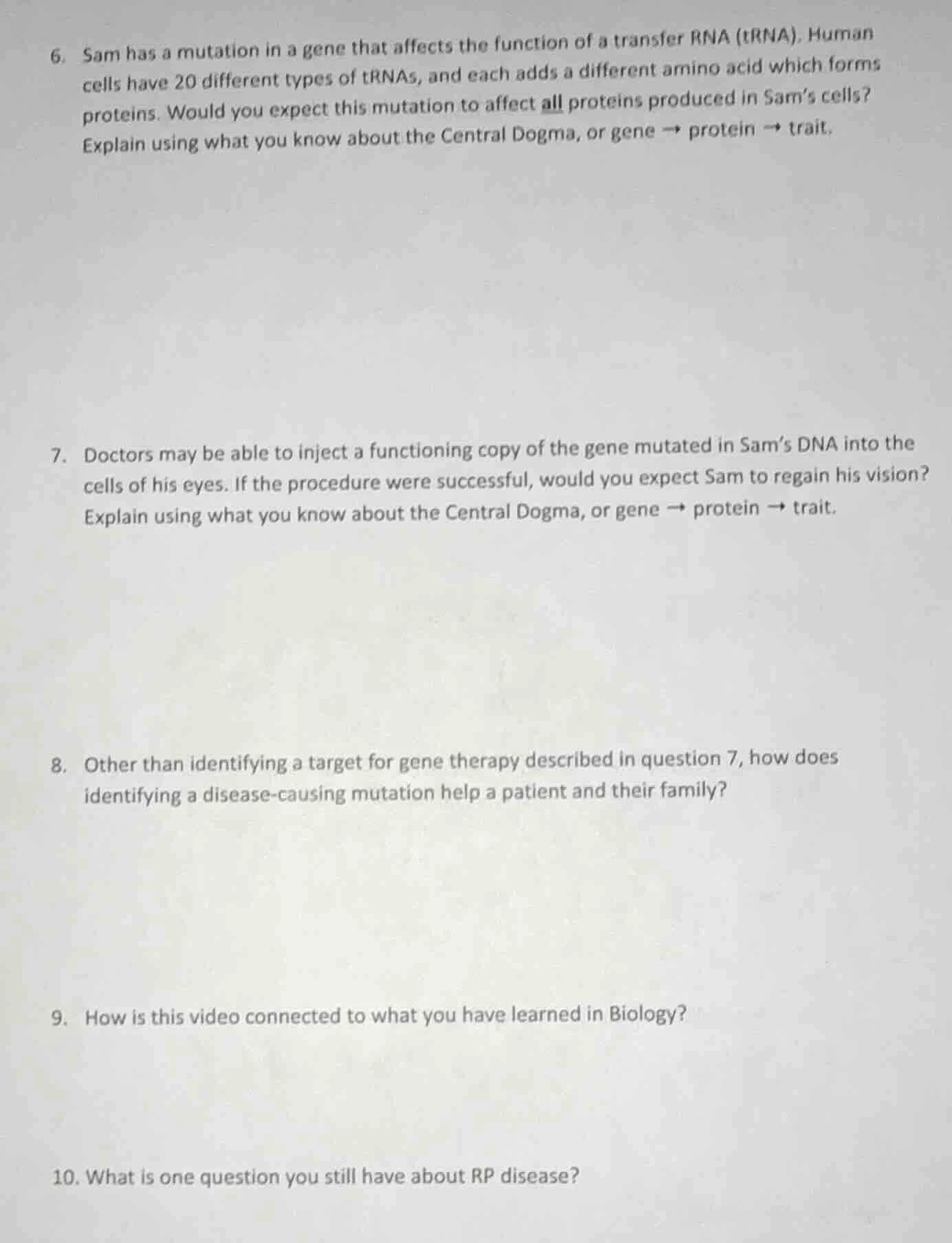 6. sam has a mutation in a gene that affects the function of a transfer…