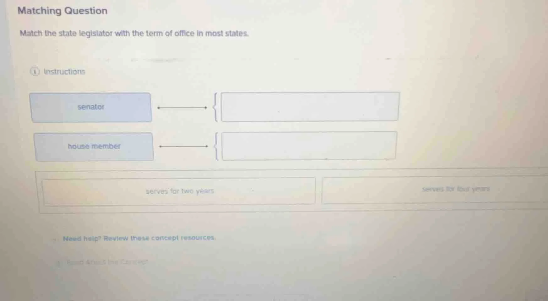 matching question match the state legislator with the term of office in…