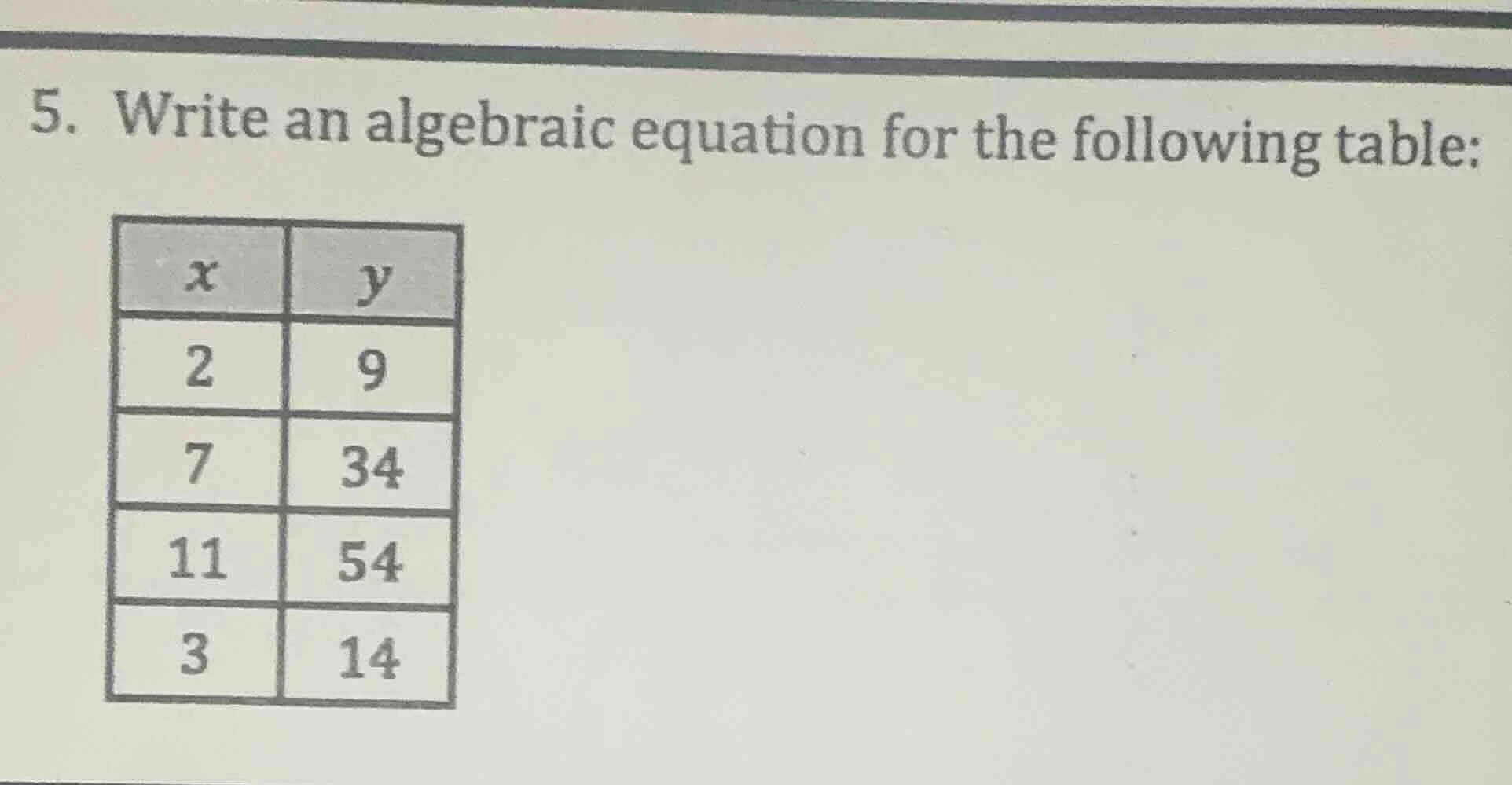 5. write an algebraic equation for the following table: | x | y | | 2 |…
