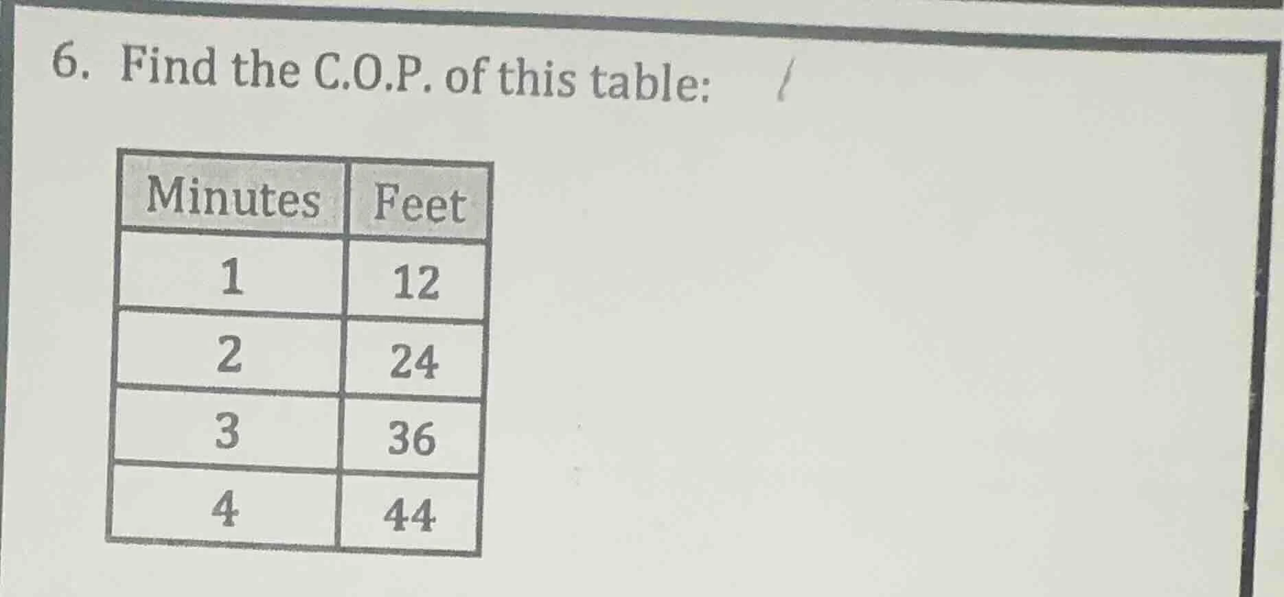 6. find the c.o.p. of this table: | minutes | feet | | ---- | ---- | | …