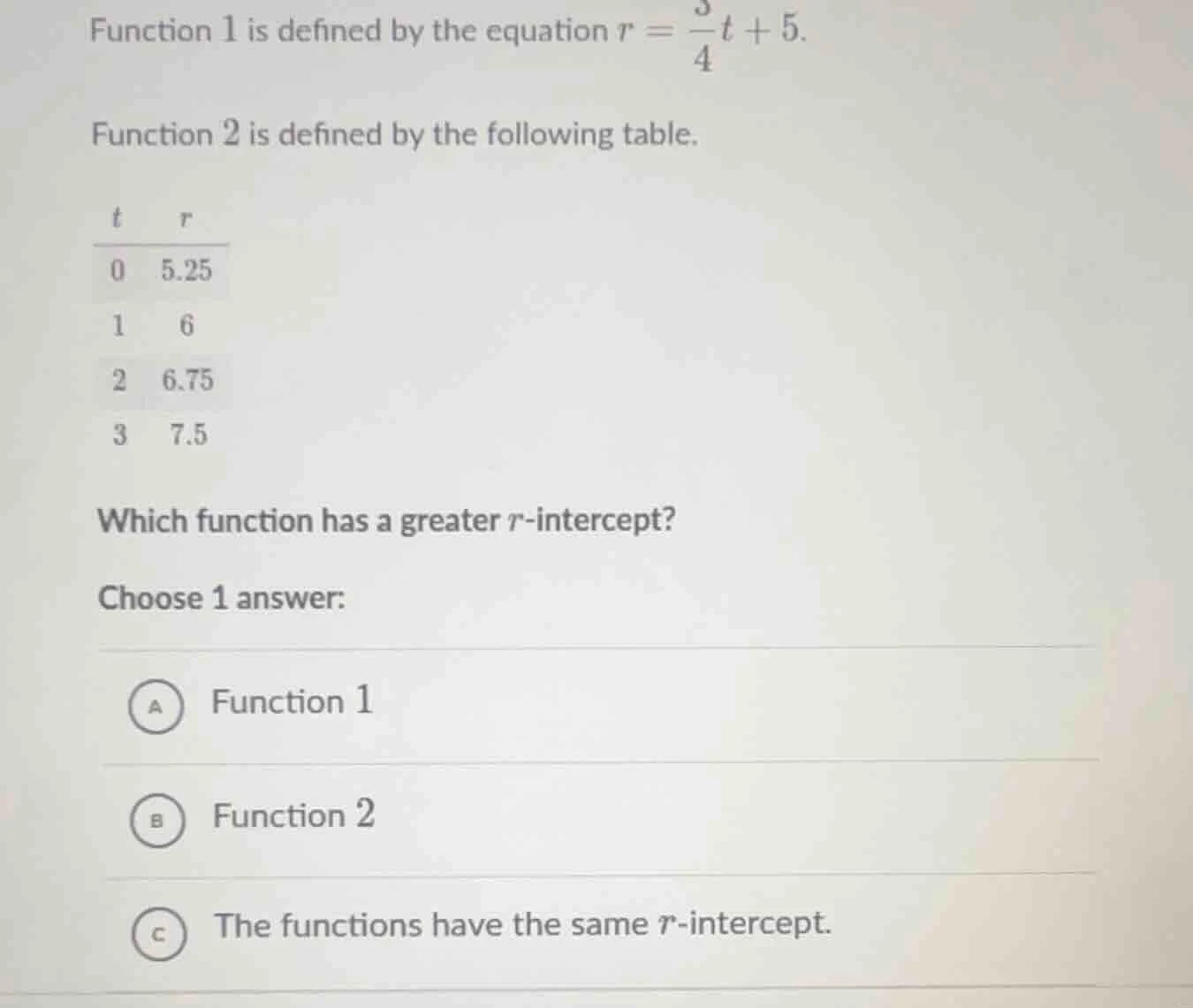 function 1 is defined by the equation $r = \\frac{3}{4}t + 5$.\ functio…