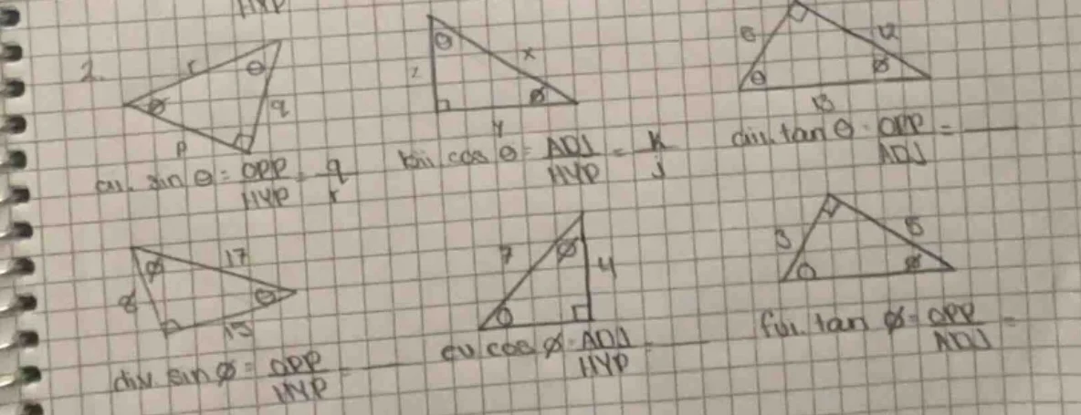 2. a) $sin \\theta = \\frac{opp}{hyp} = \\frac{q}{r}$ b) $cos \\theta =…