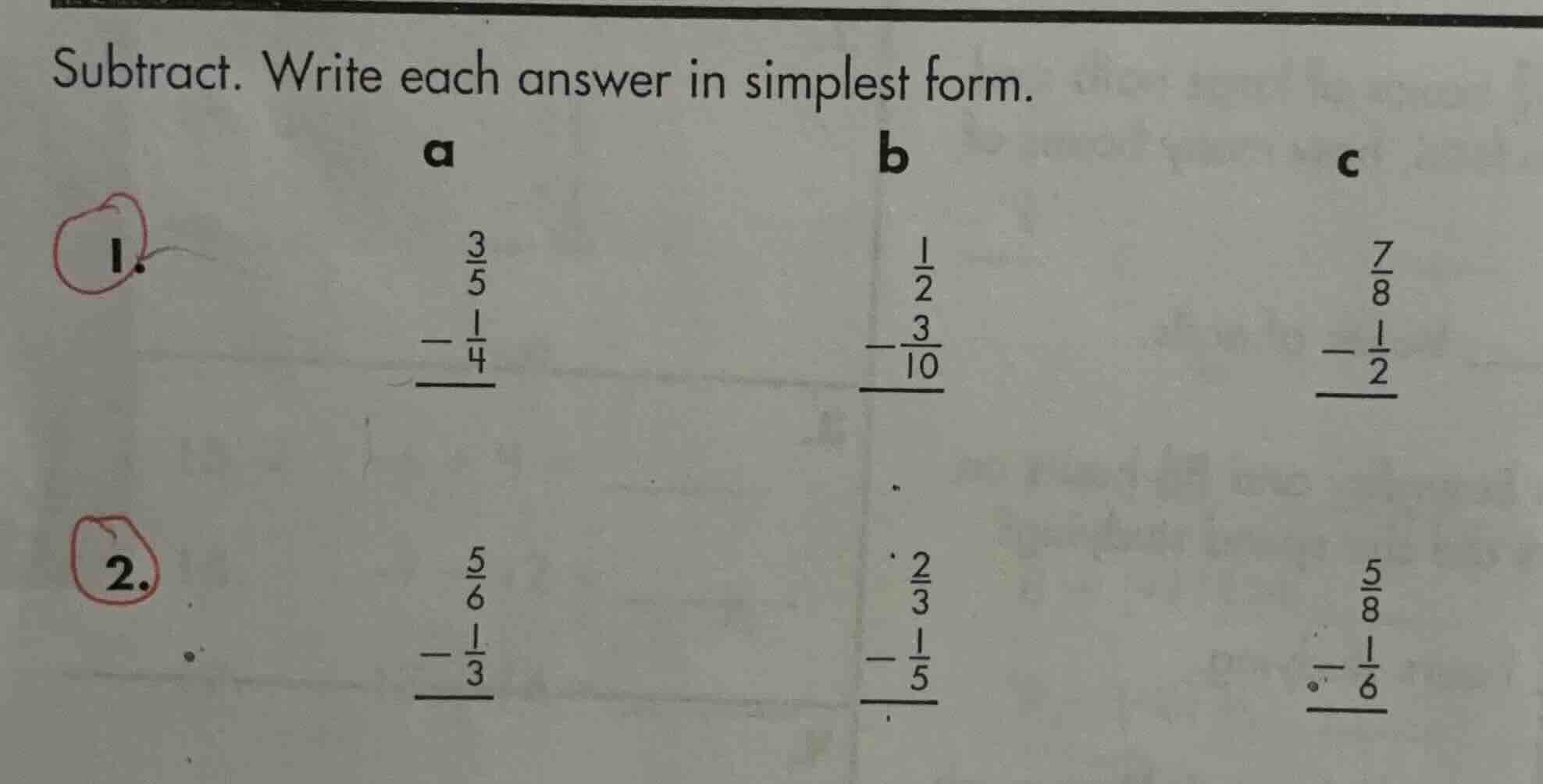 subtract. write each answer in simplest form. 1. a \\begin{array}{r} \\…