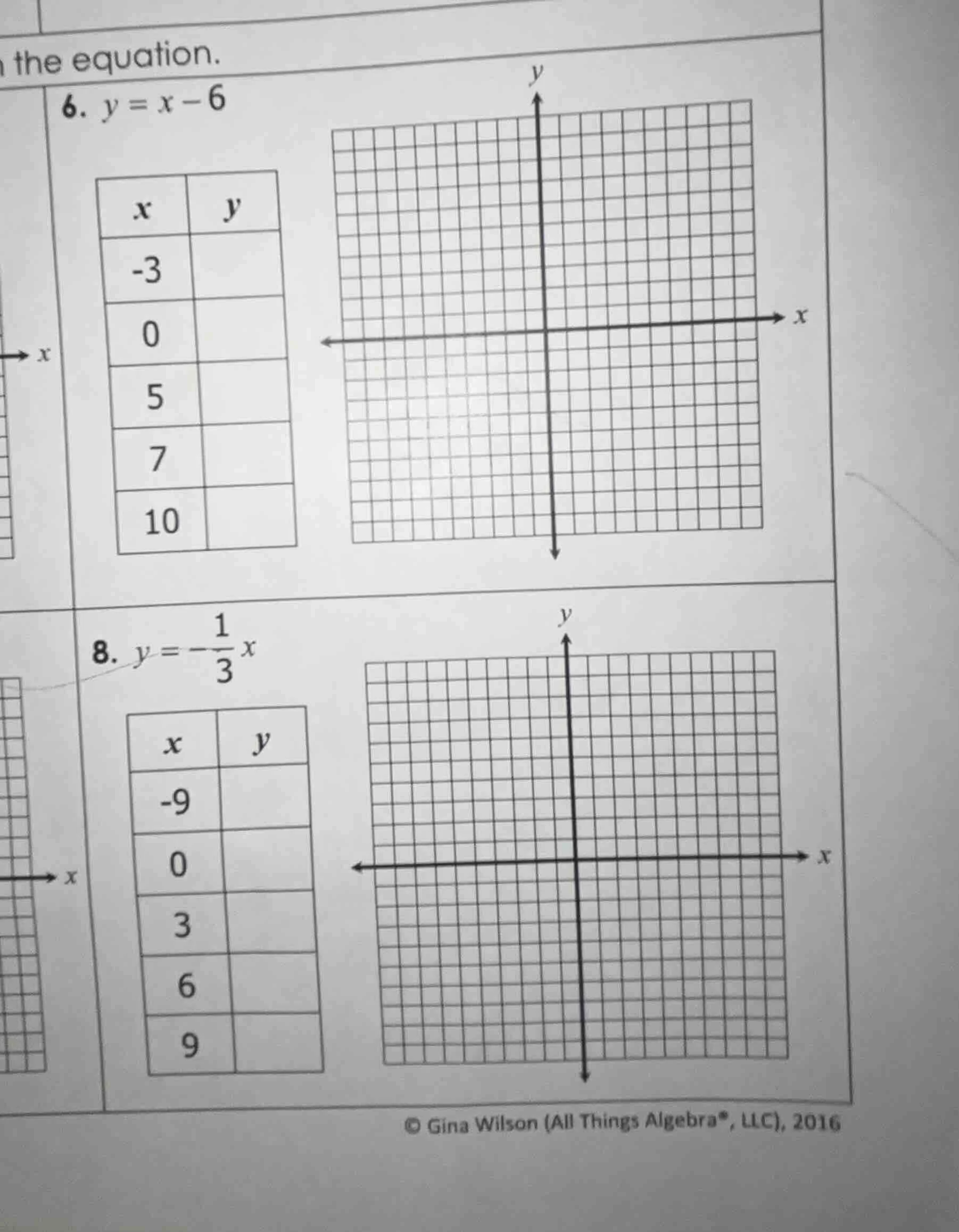 n the equation. 6. $y = x - 6$ | $x$ | $y$ | | --- | --- | | $-3$ | | |…