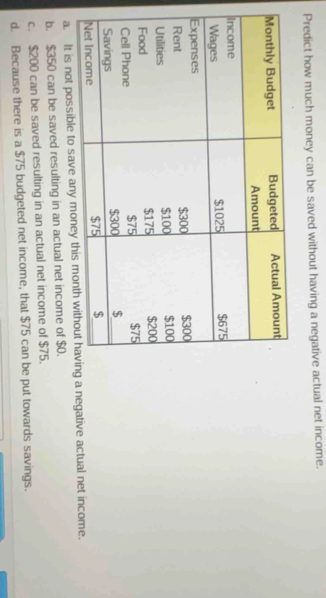 predict how much money can be saved without having a negative actual ne…