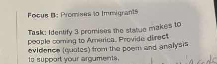focus b: promises to immigrants task: identify 3 promises the statue ma…