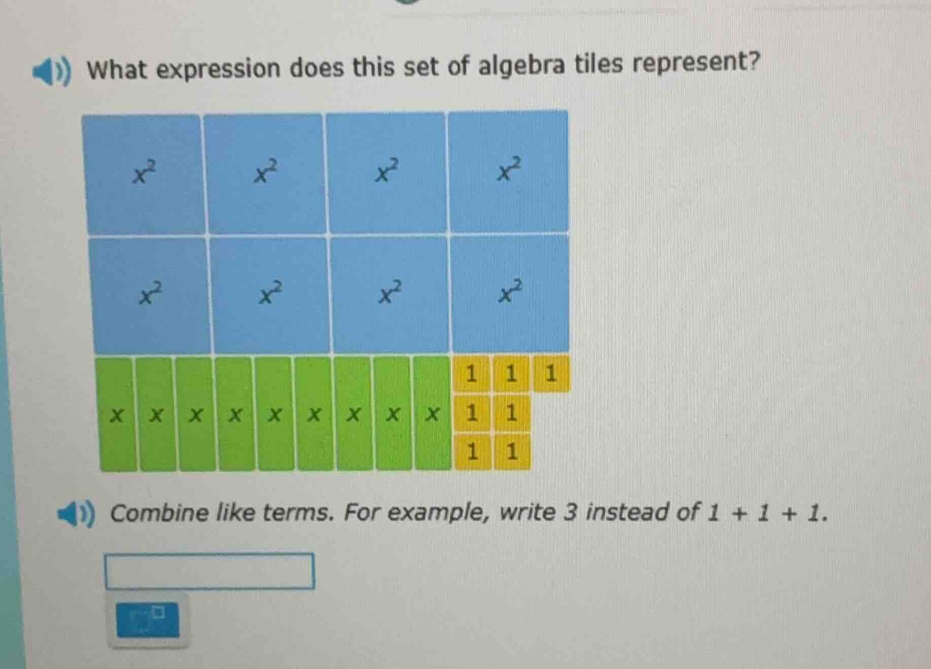 what expression does this set of algebra tiles represent? combine like …