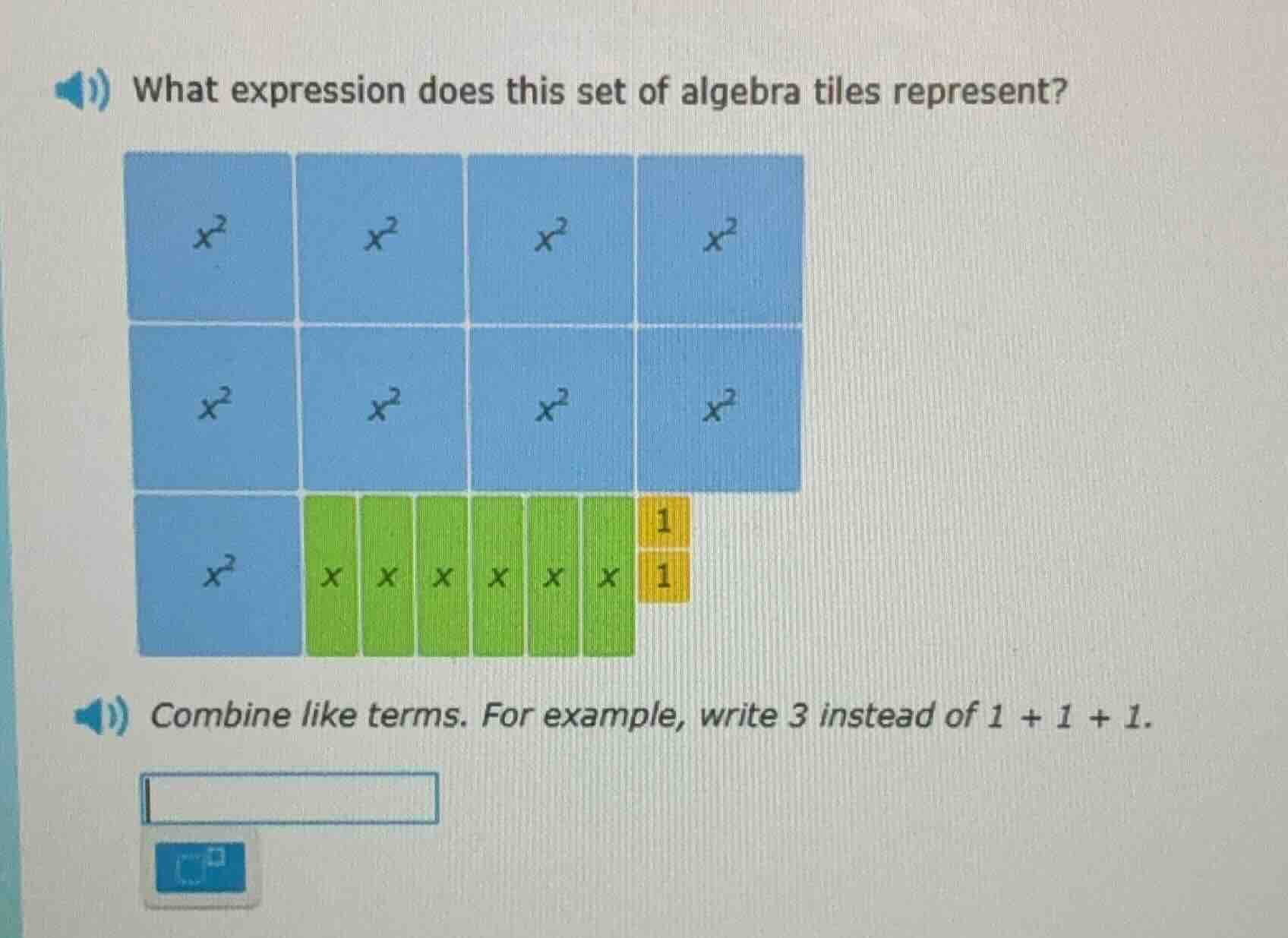 what expression does this set of algebra tiles represent? combine like …