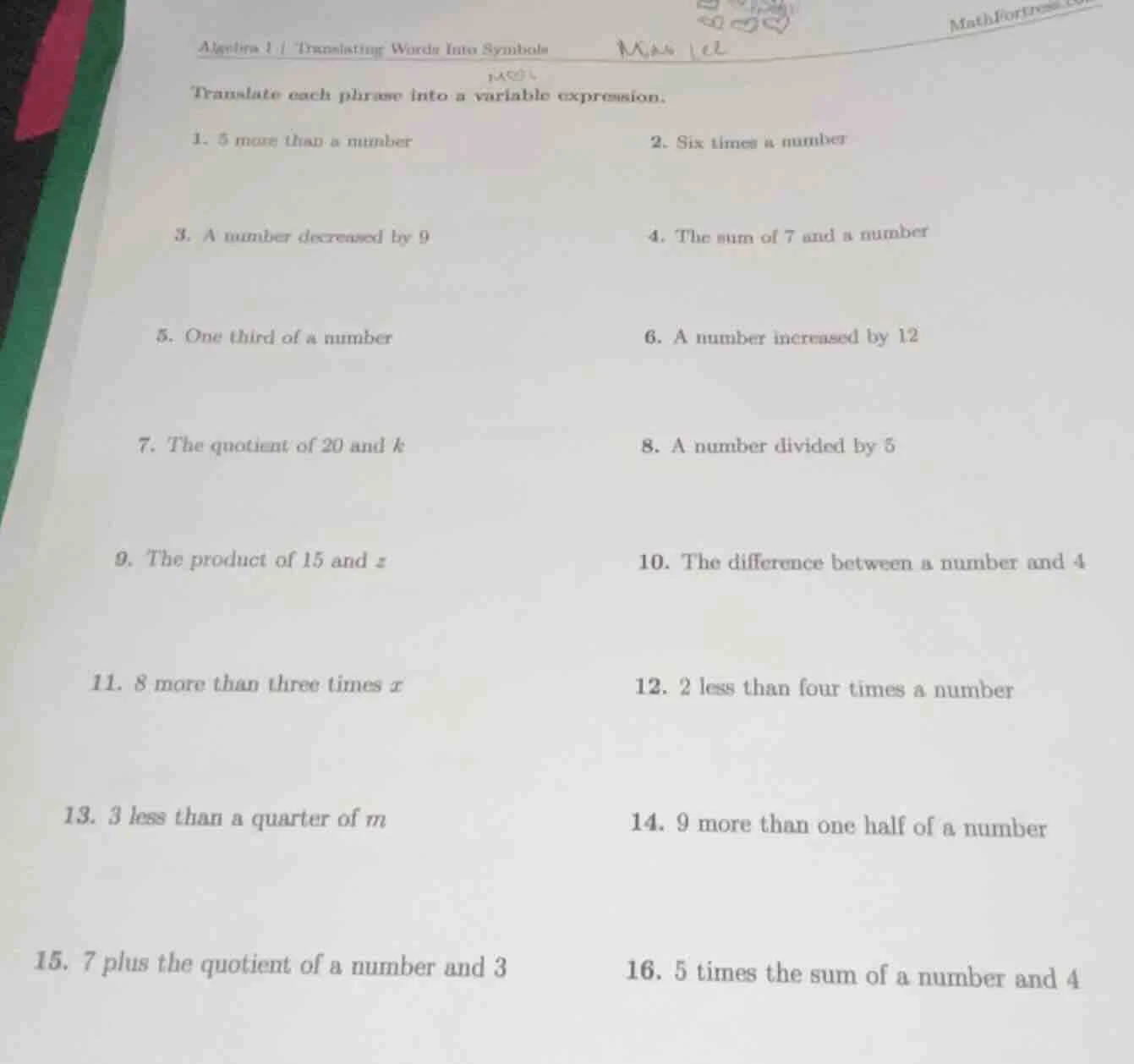 algebra 1 | translating words into symbols translate each phrase into a…