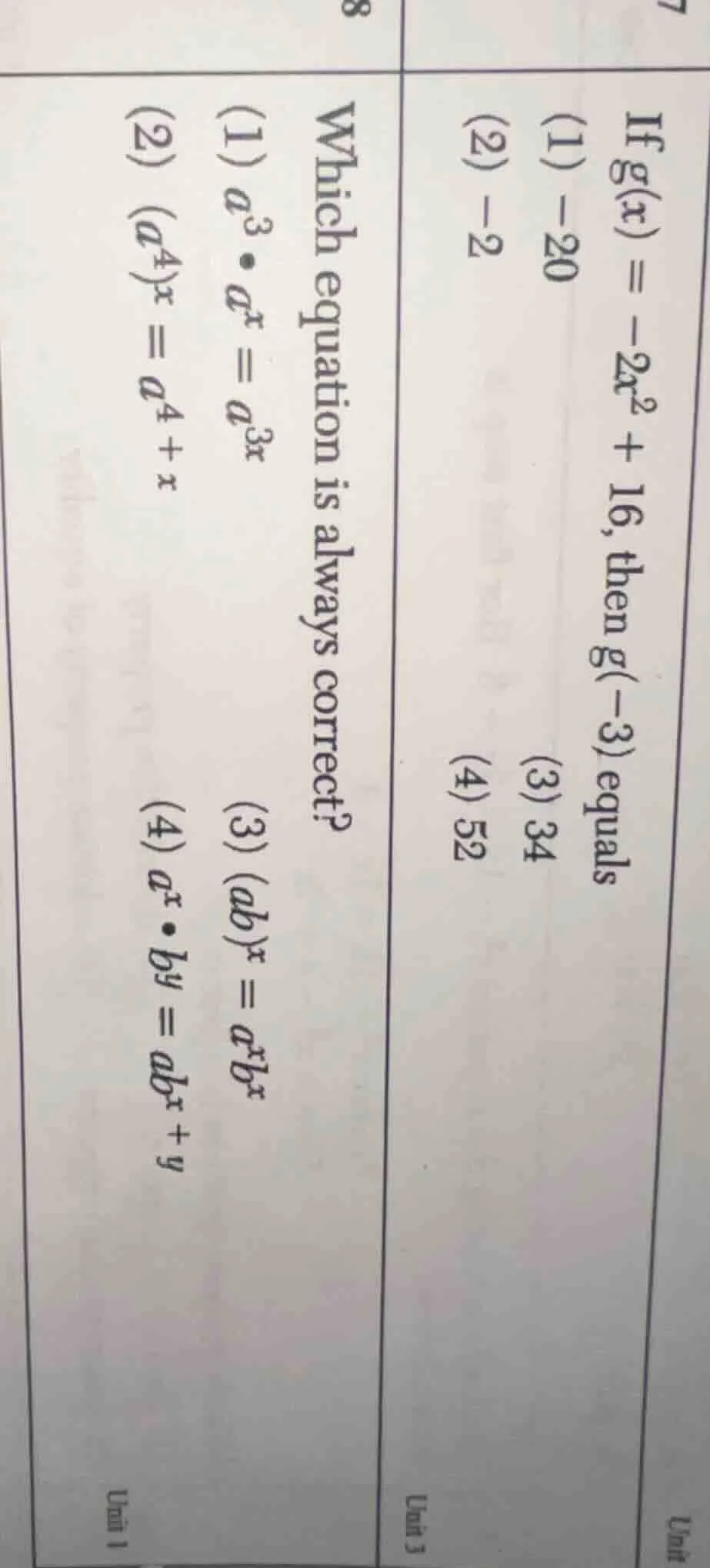 7 if g(x) = -2x² + 16, then g(-3) equals (1) -20 (2) -2 (3) 34 (4) 52 8…